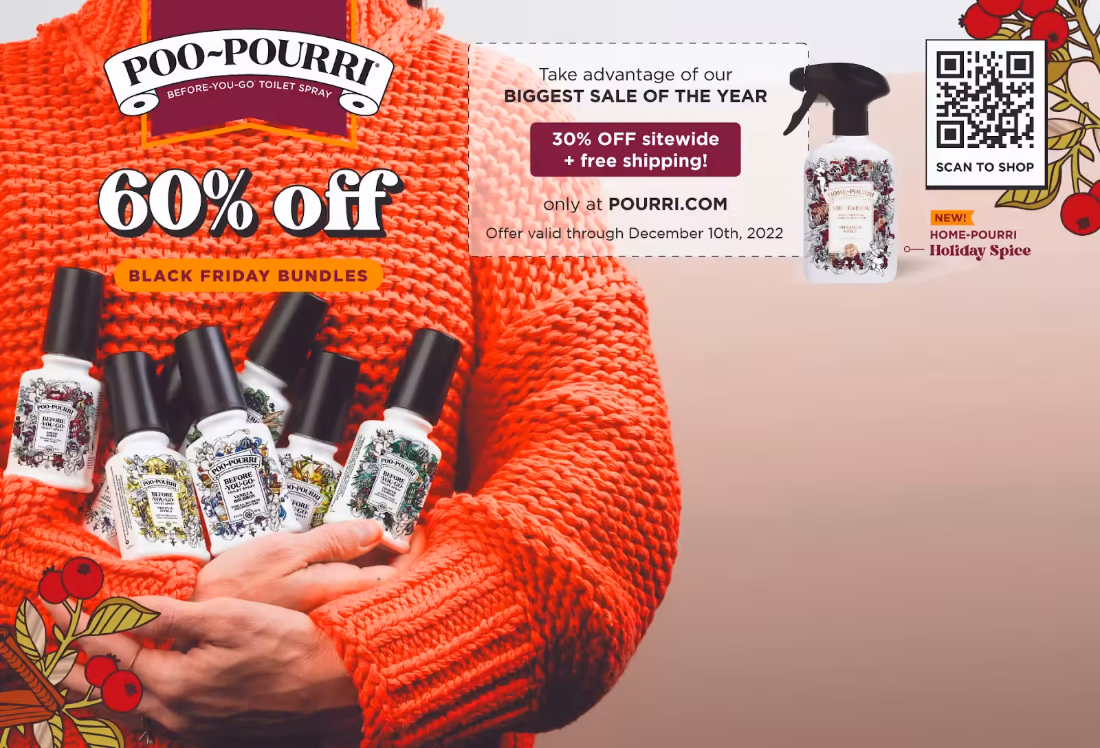 Back of the Poo-Pourri postcard promoting 60% off Black Friday bundles, 30% off sitewide, and a QR code to shop.