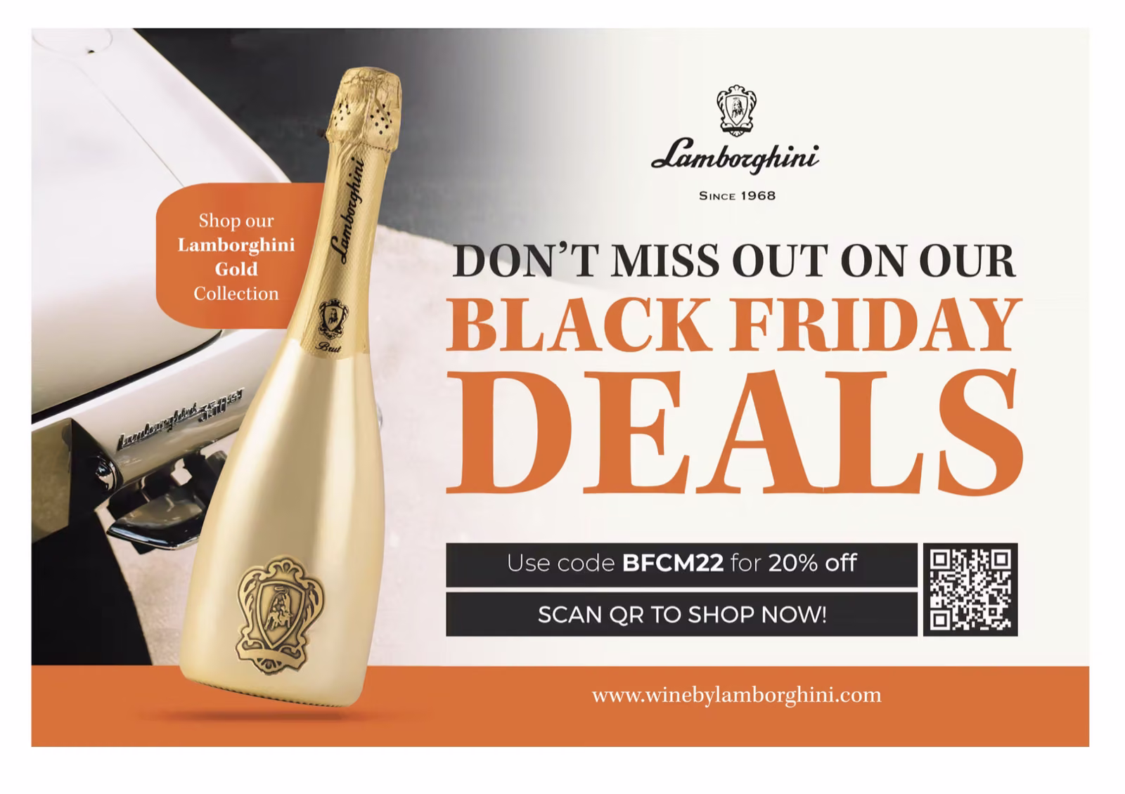 Wine by Lamborghini Black Friday postcard with a code for 20% off and a QR code to shop.