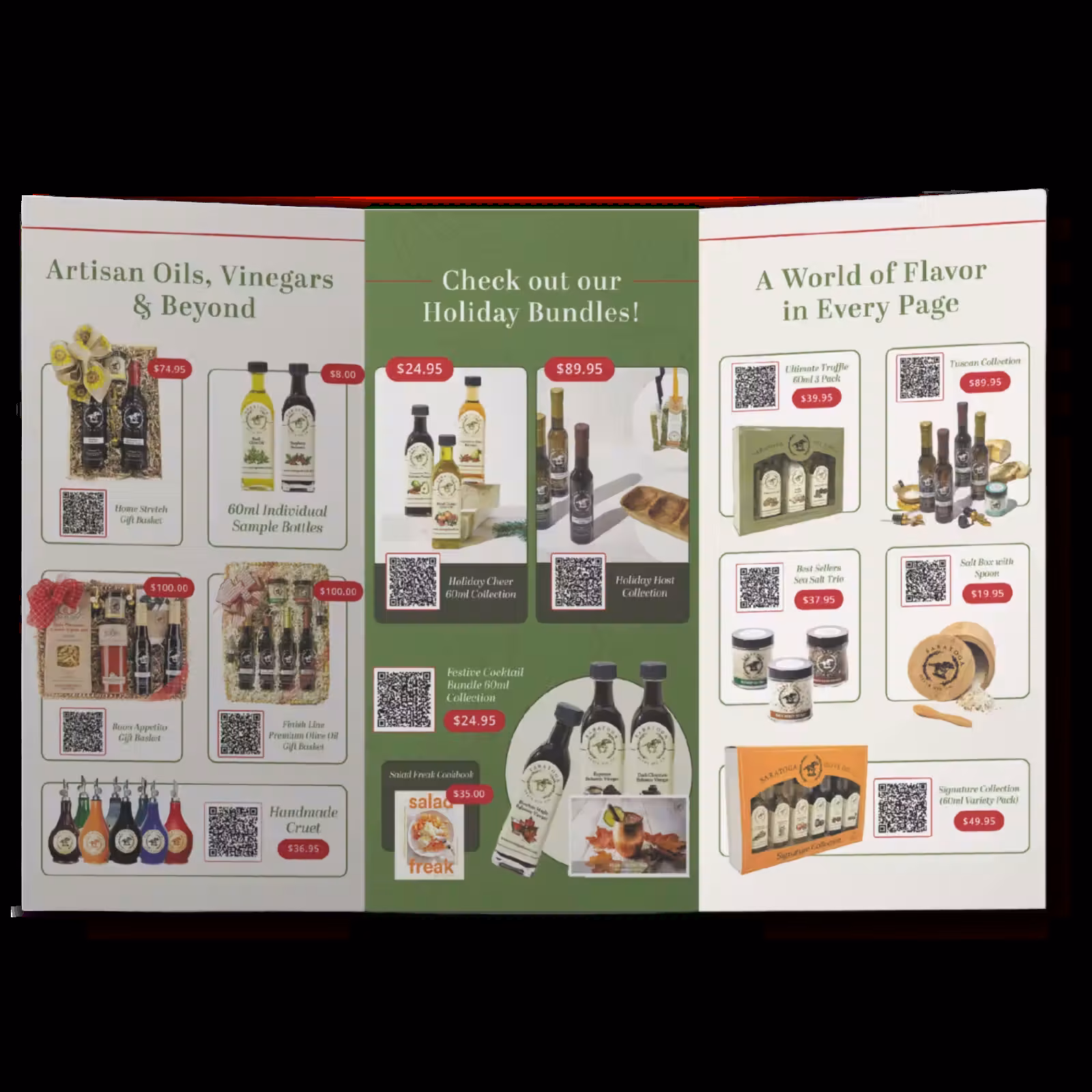 Saratoga Olive Oil trifold Cardalog featuring holiday bundles, artisan oils, and gift baskets, each with a price and QR code.