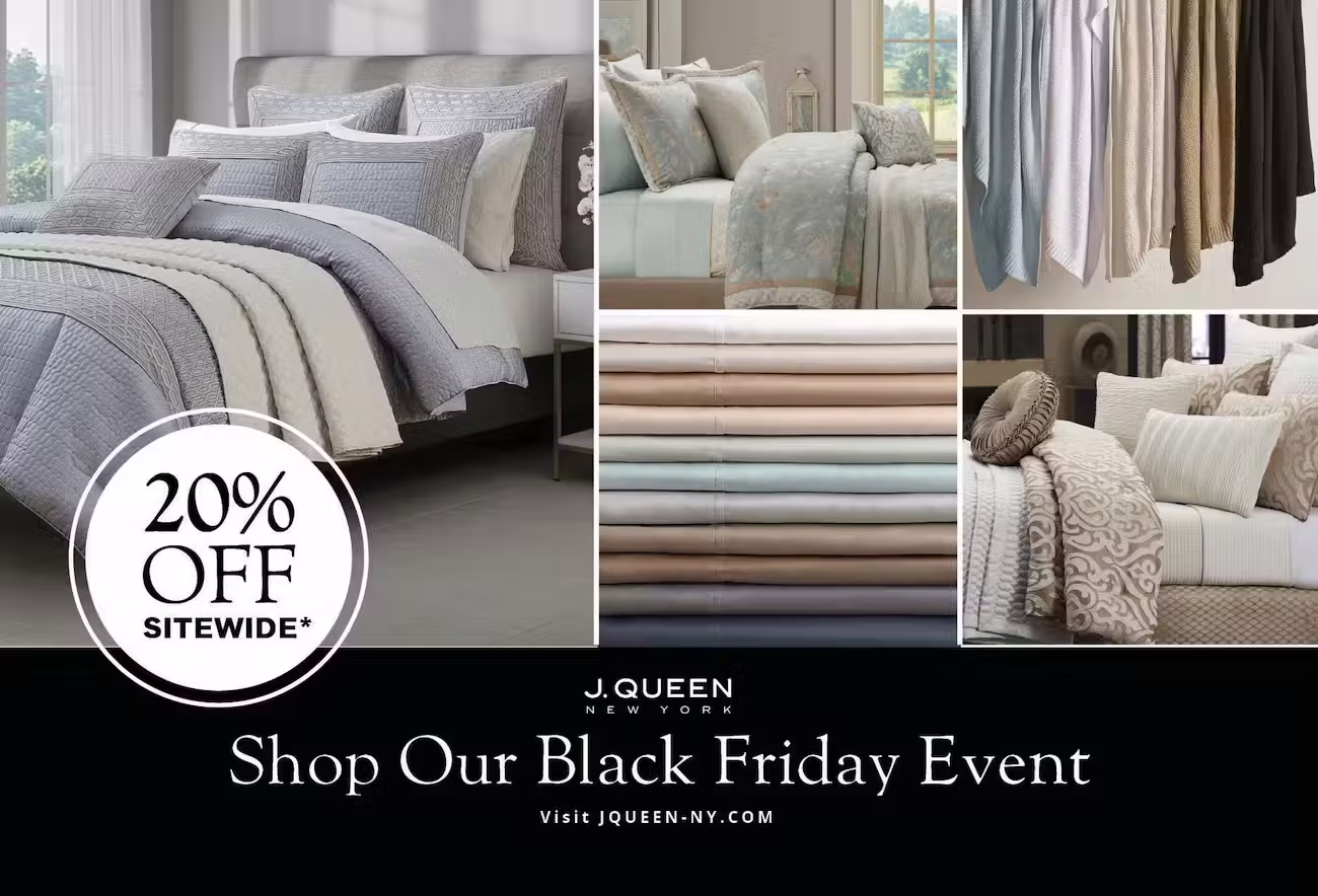J. Queen New York Black Friday postcard offering 20% off sitewide, with bedding and linen product photos.