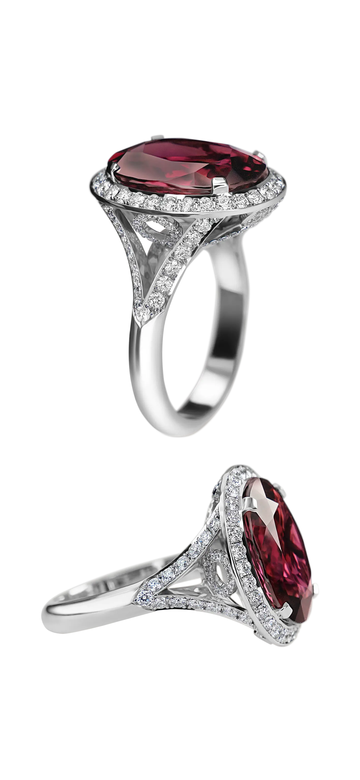Two images of the Pink Tourmaline ring, both side on views, one vertical and one horizontal