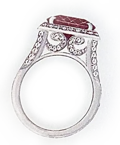 A technical drawing of a pink tourmaline checkerboard ring, viewed from the side with the ring visible, with softened edges