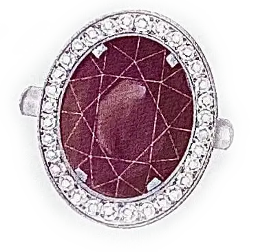 A technical drawing of a pink tourmaline checkerboard ring, viewed from above, with softened edges