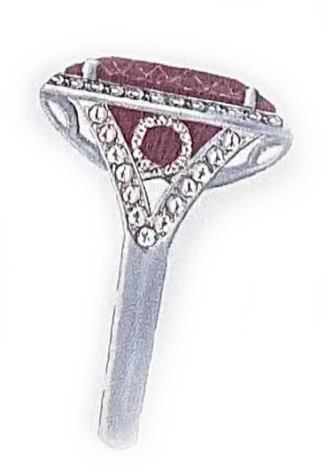 A technical drawing of a pink tourmaline checkerboard ring, viewed from the side edge, with softened edges
