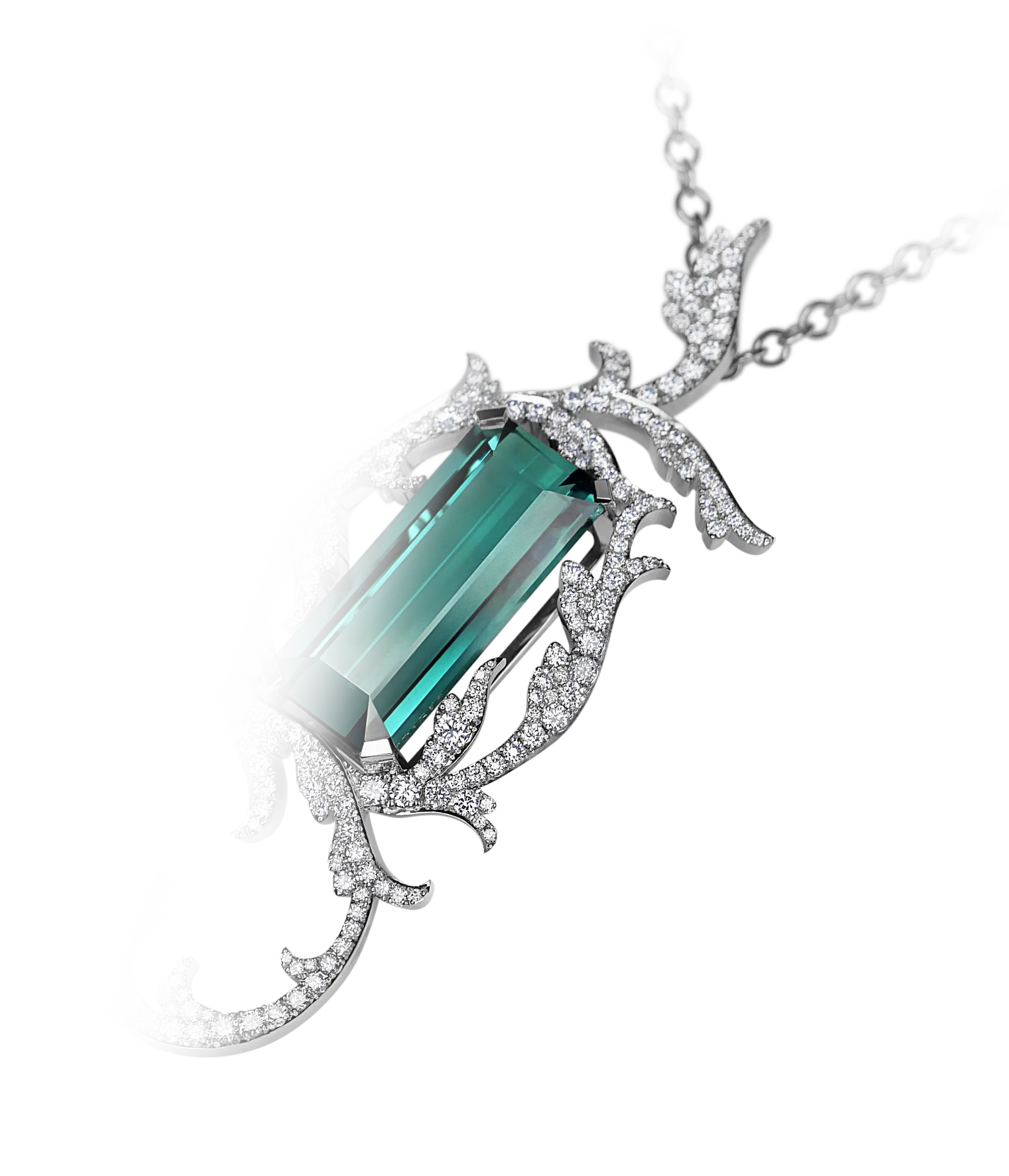 White gold necklace with a large rectangular teal coloured indicolite tourmaline pendant surrounded by intricate rococo style diamond foliage detail.