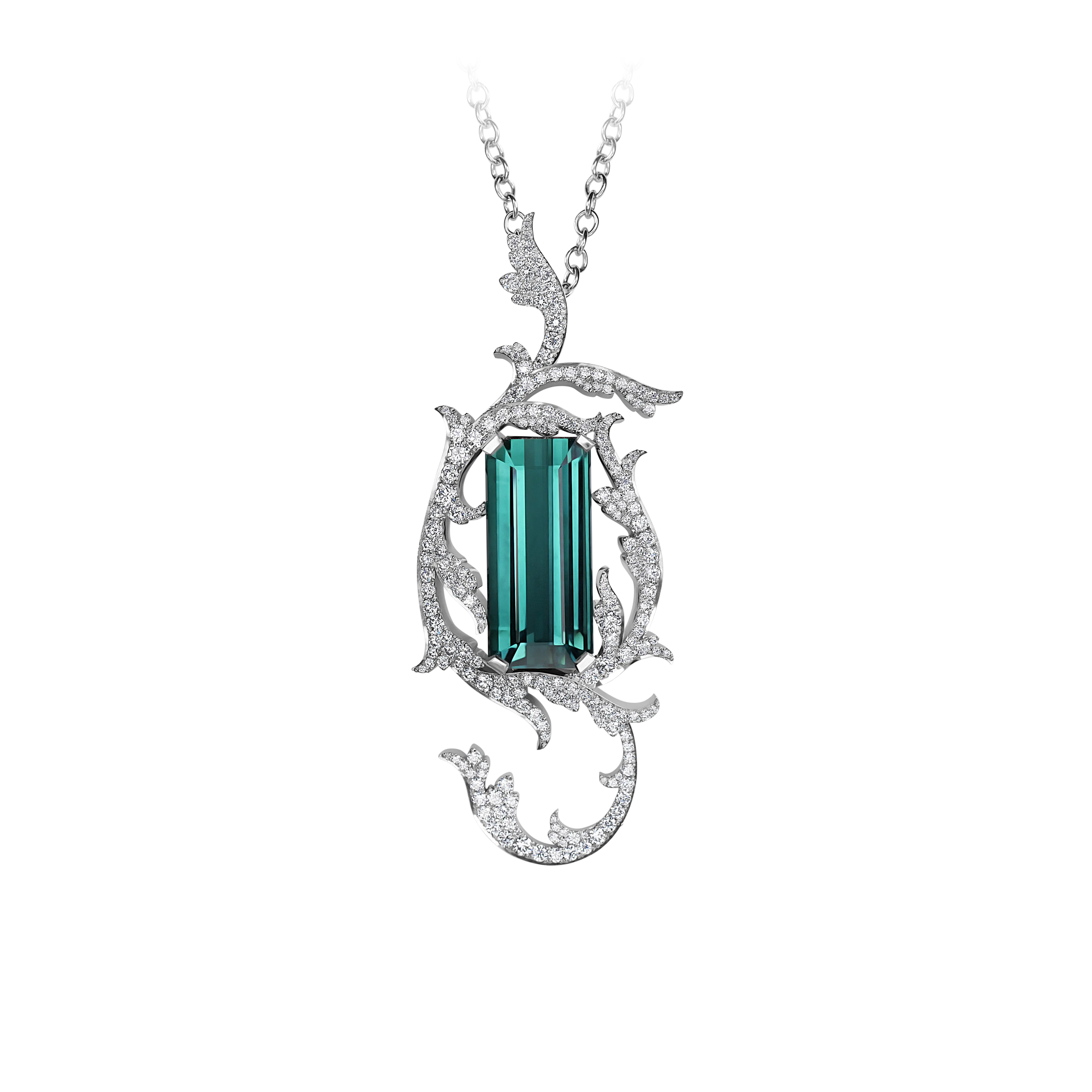 A front on view of the indicolite tourmaline pendant