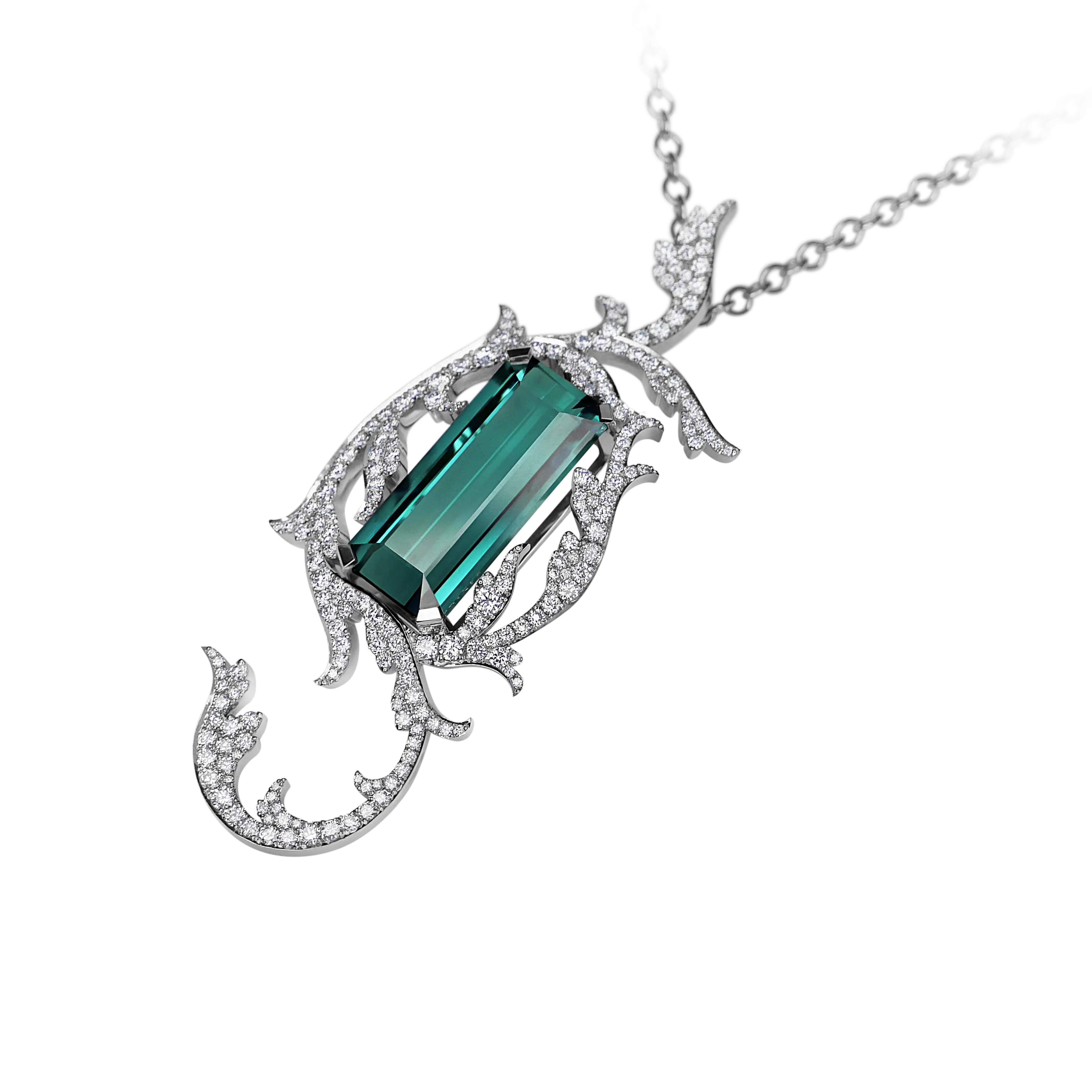 An angled view of the indicolite tourmaline pendant