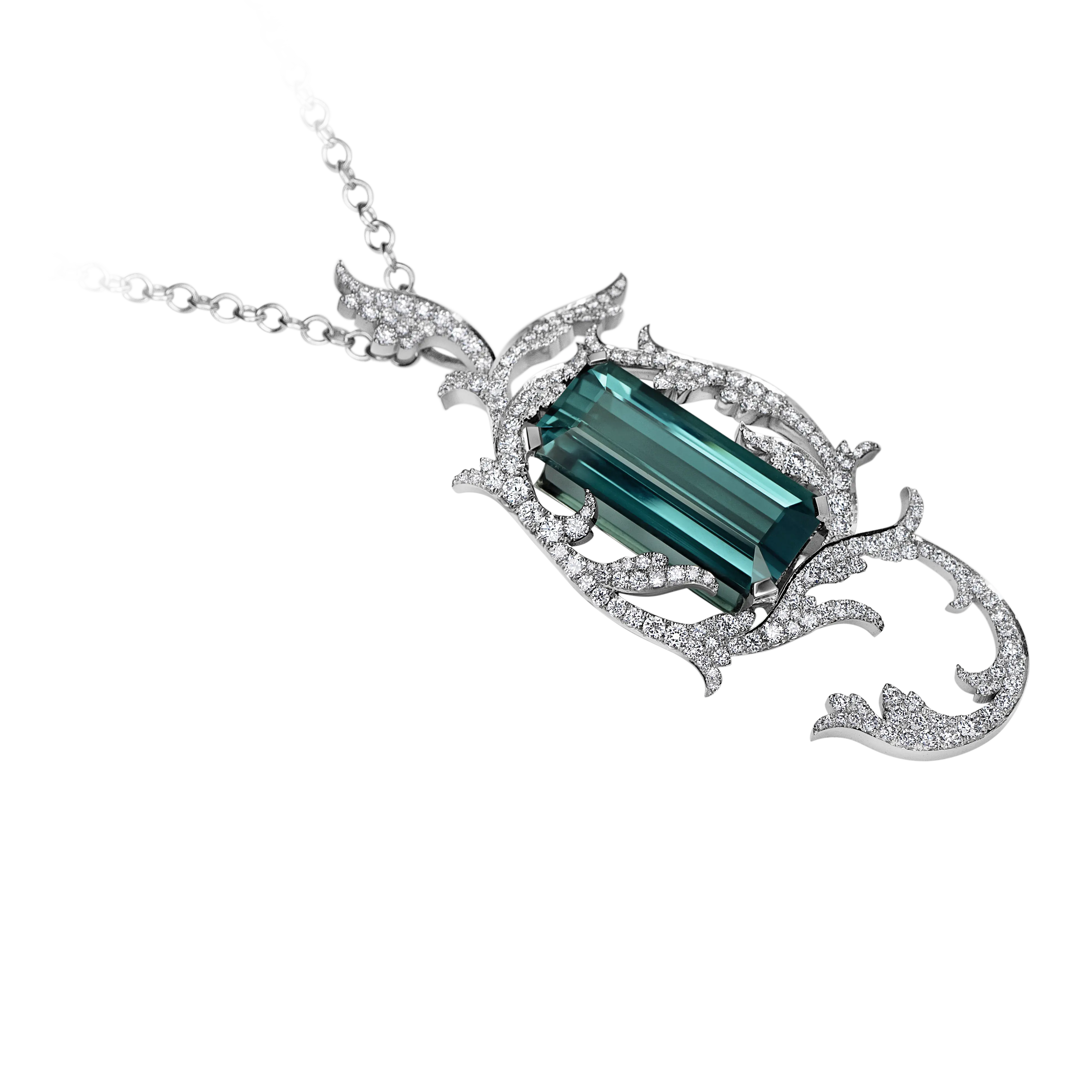 An angled view of the indicolite tourmaline pendant