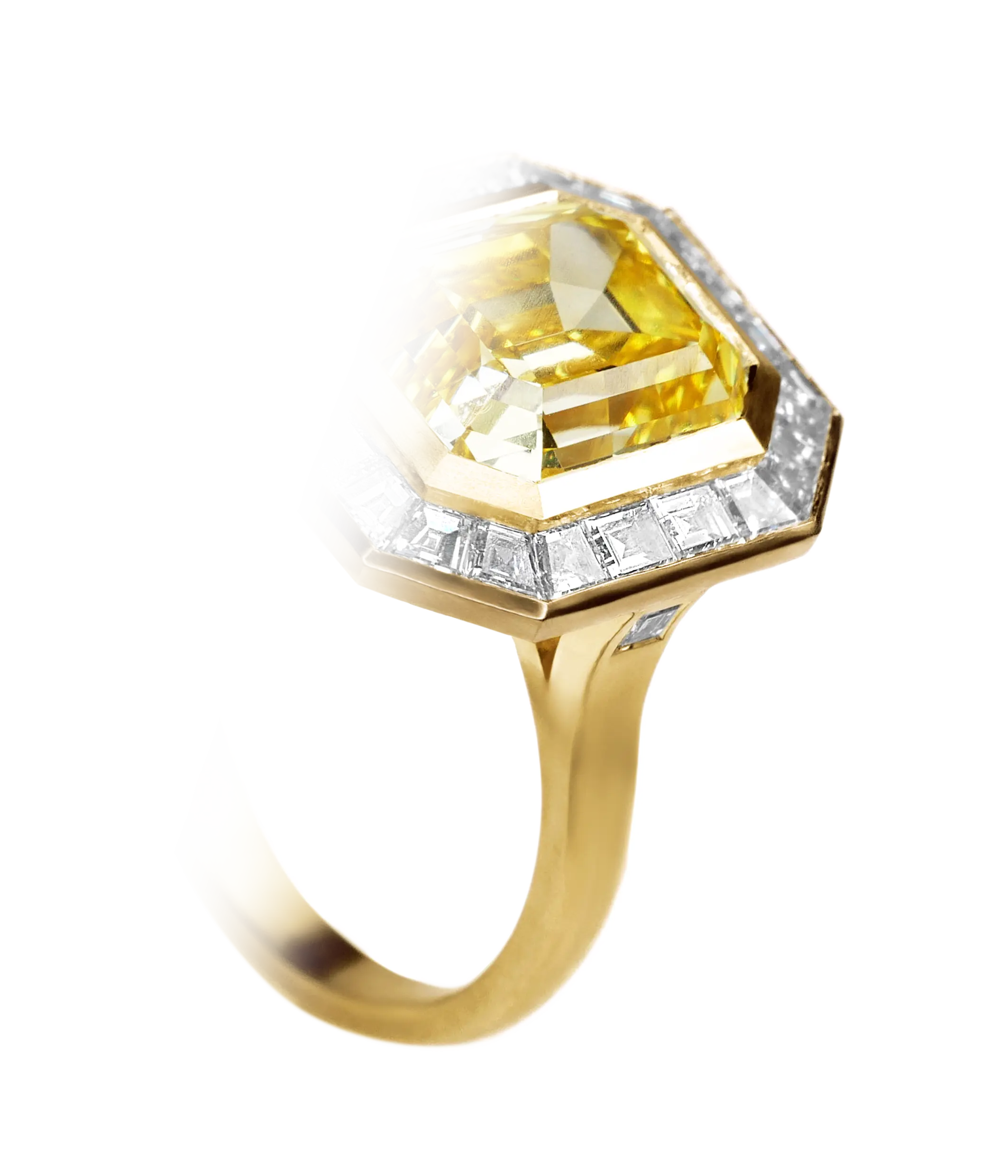 Gold ring with a large yellow diamond centre stone surrounded by smaller white diamonds.