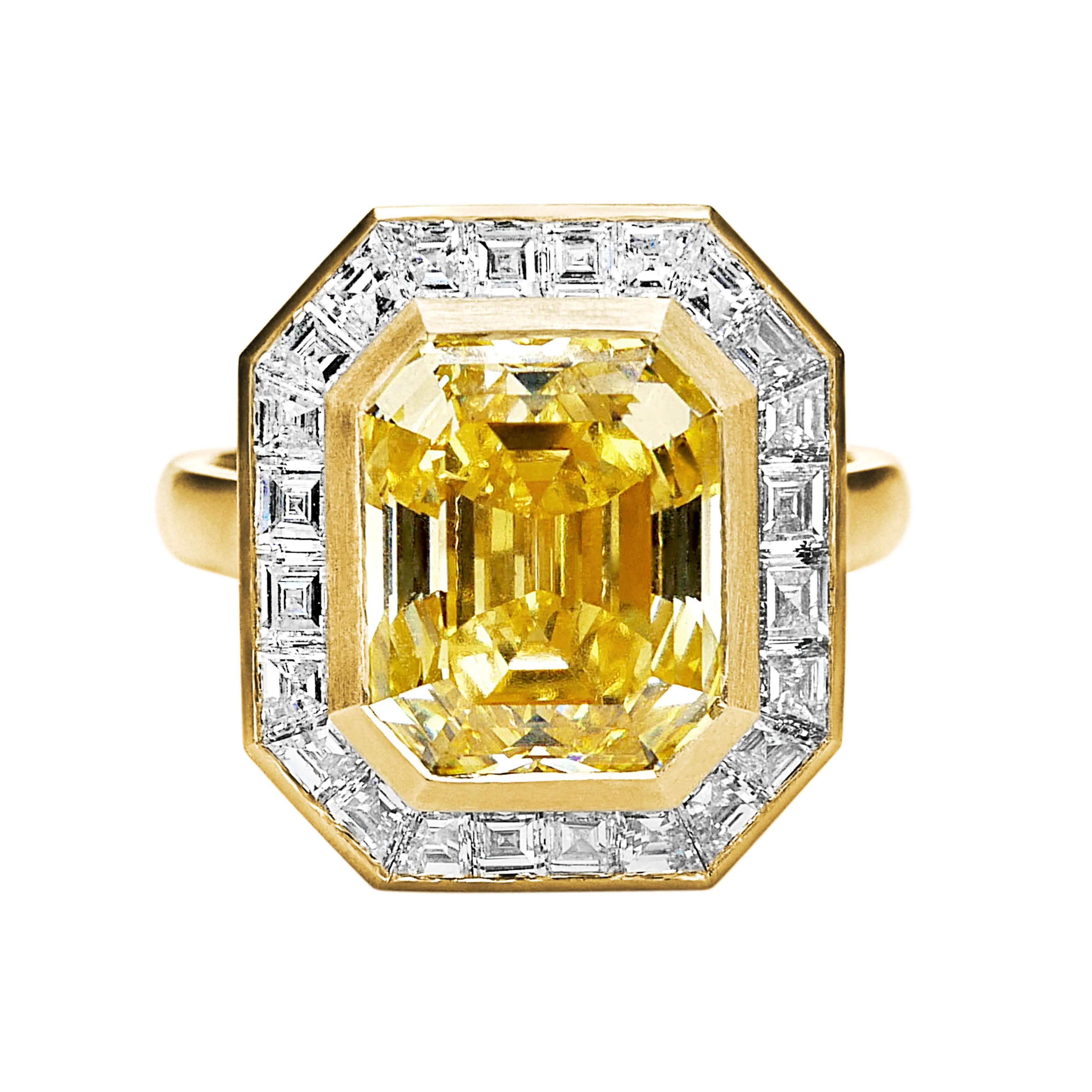 A front on view of the yellow diamond ring