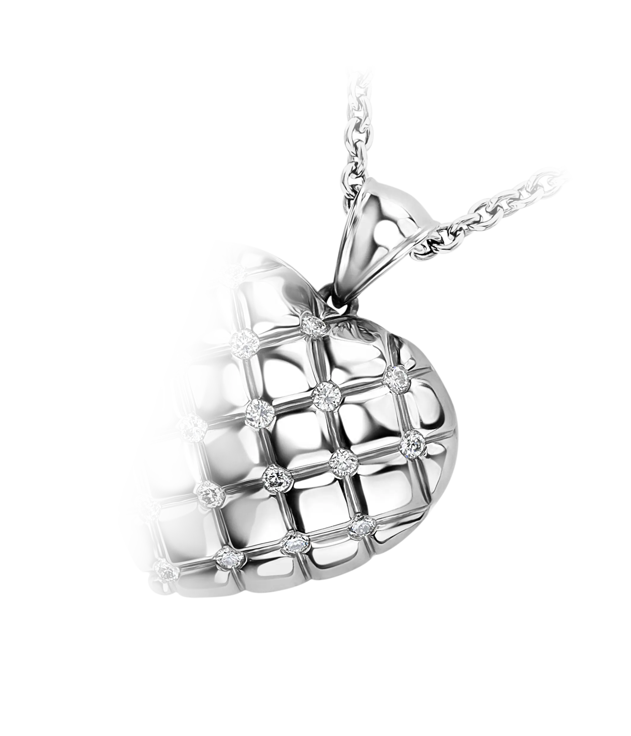 An angled image of the heart shaped white gold and diamond locket. 