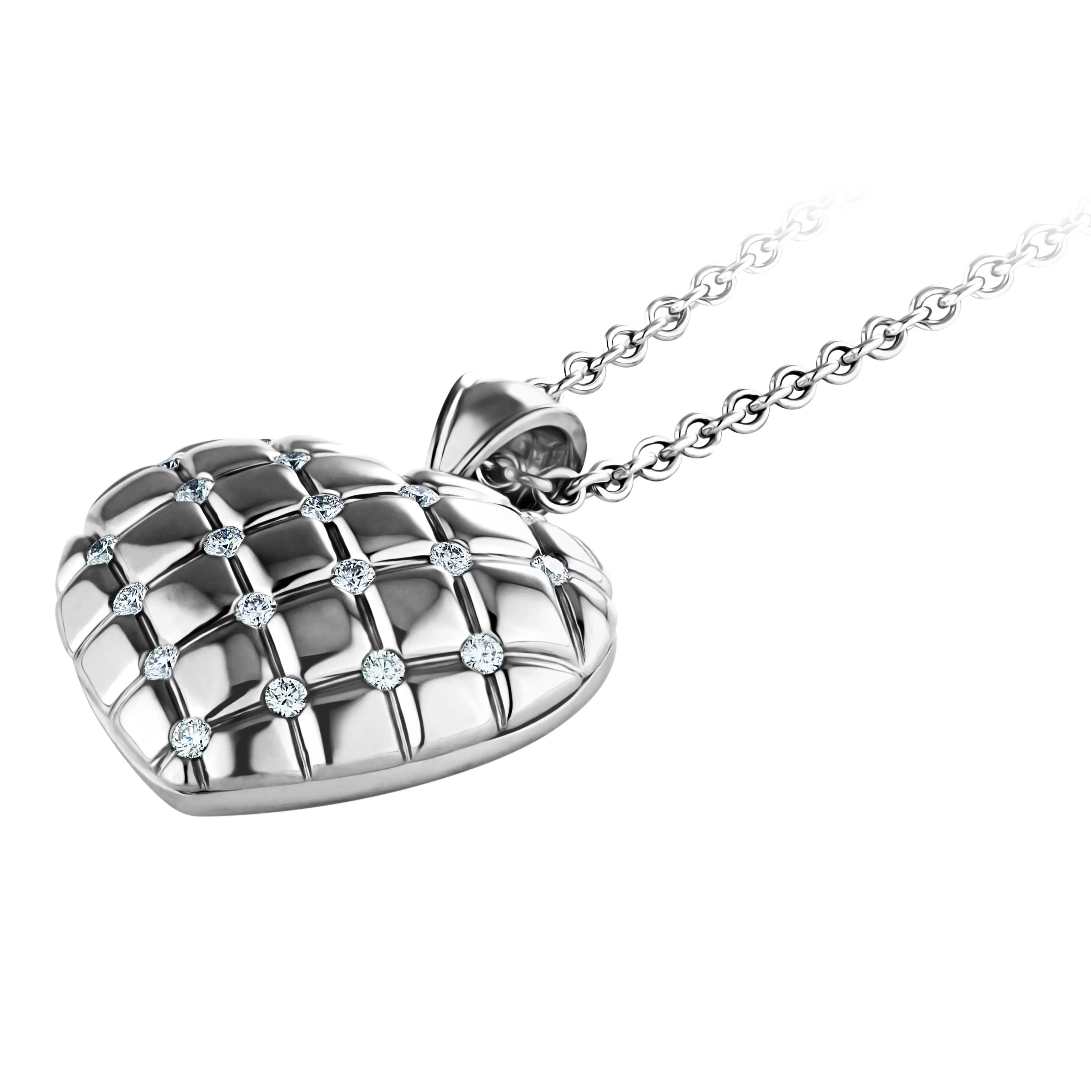 An angled view of the heart shaped white gold locket
