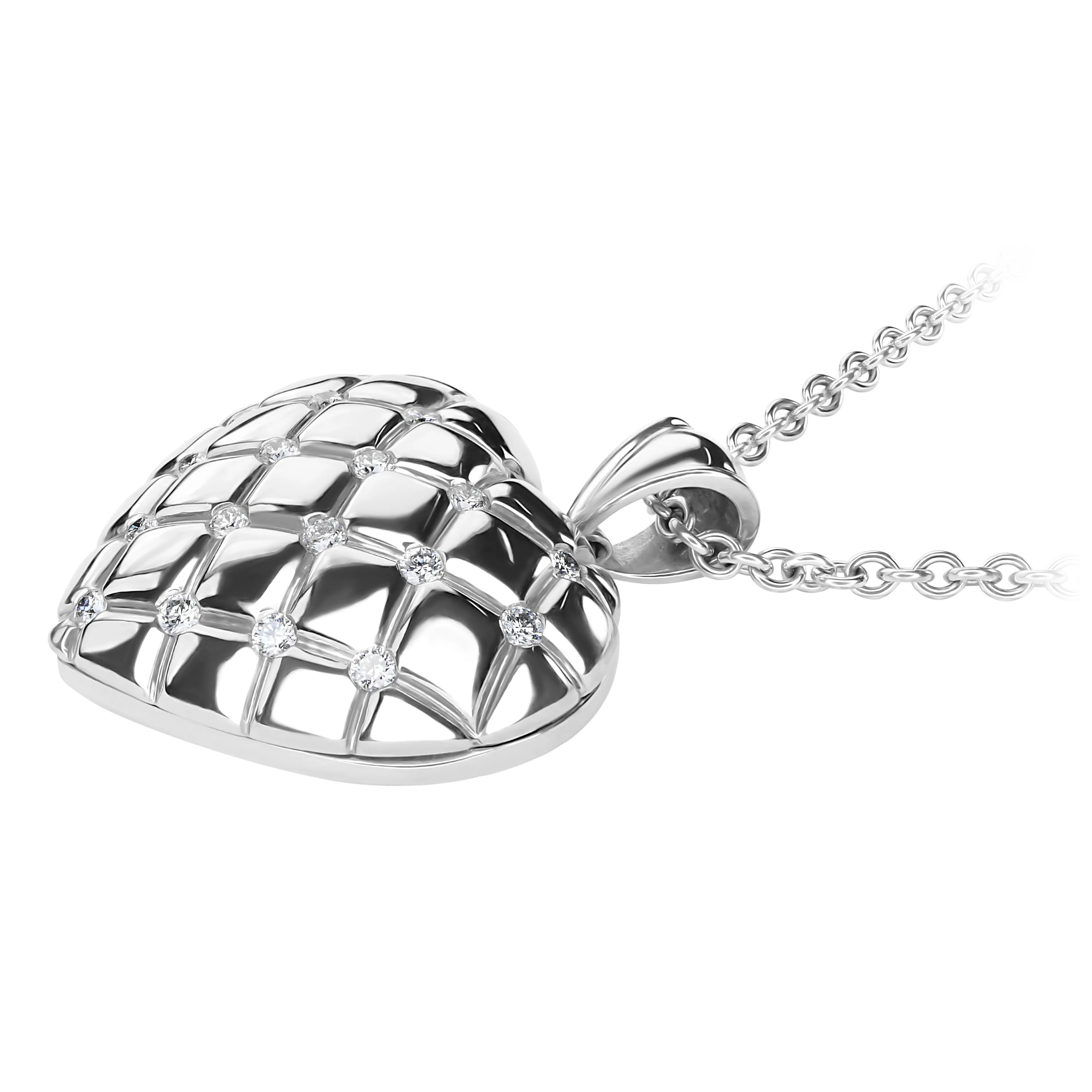 An side view of the heart shaped white gold locket