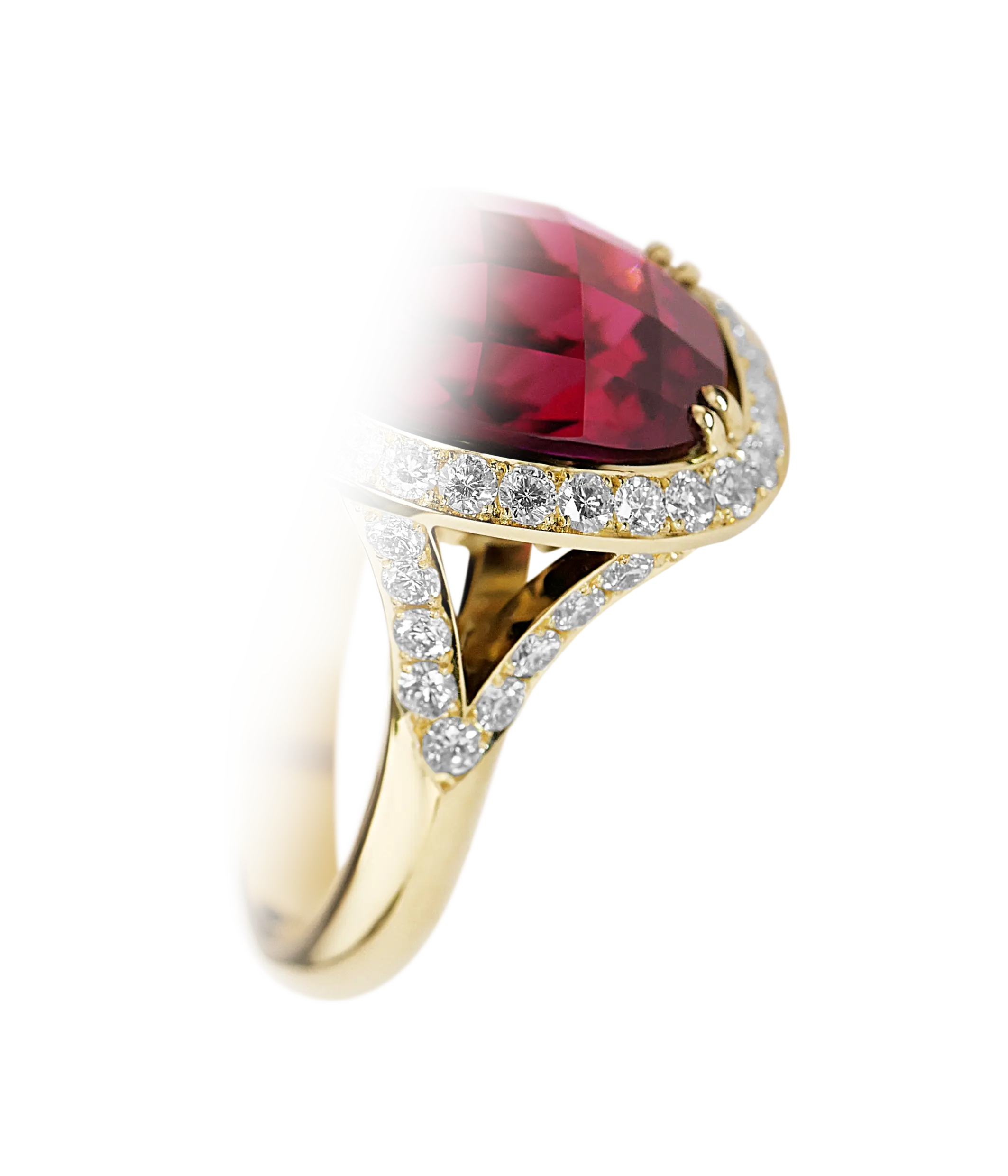 An angled side on view of the pink tourmaline checkerboard cut ring