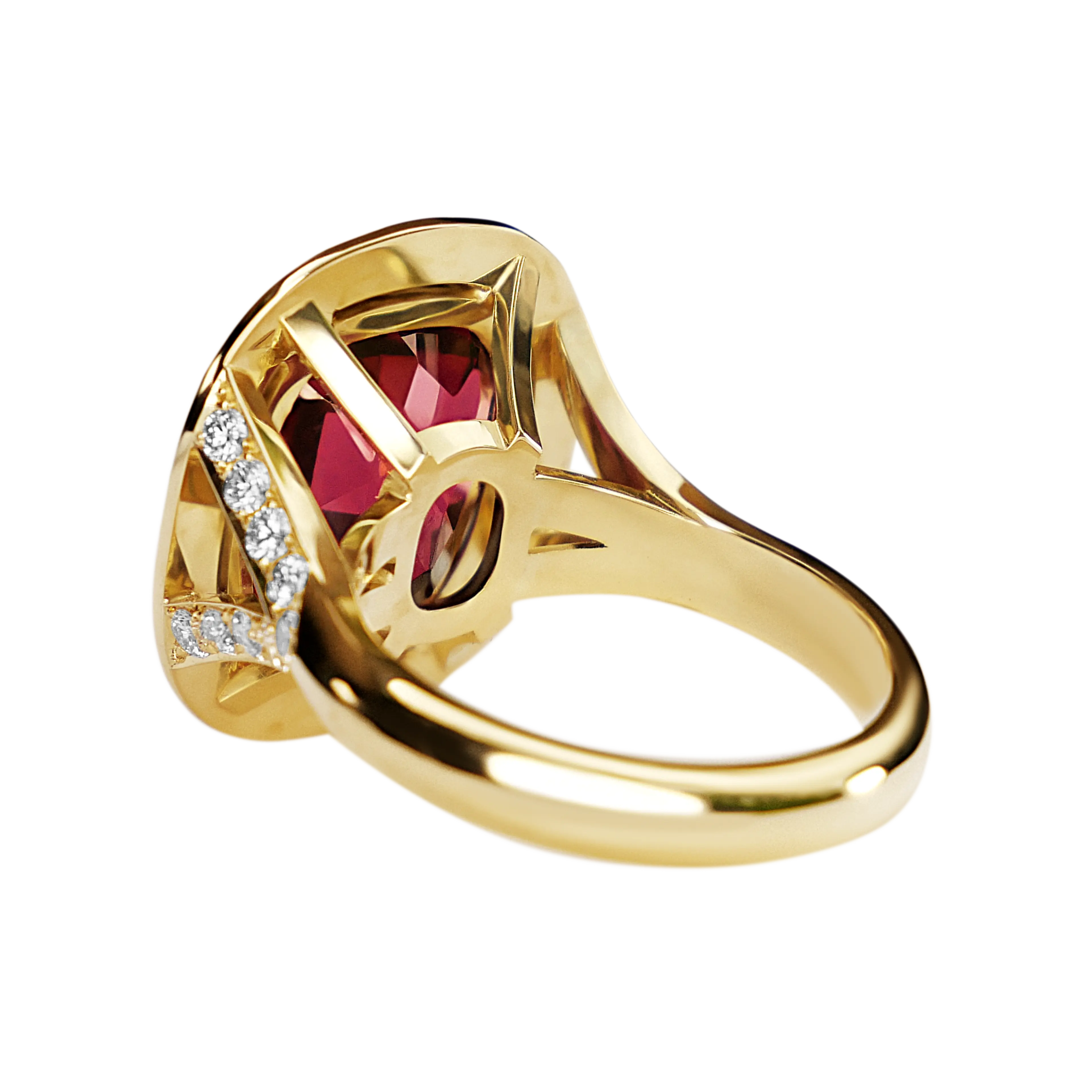 A angled view of the back of the pink tourmaline checkerboard cut ring