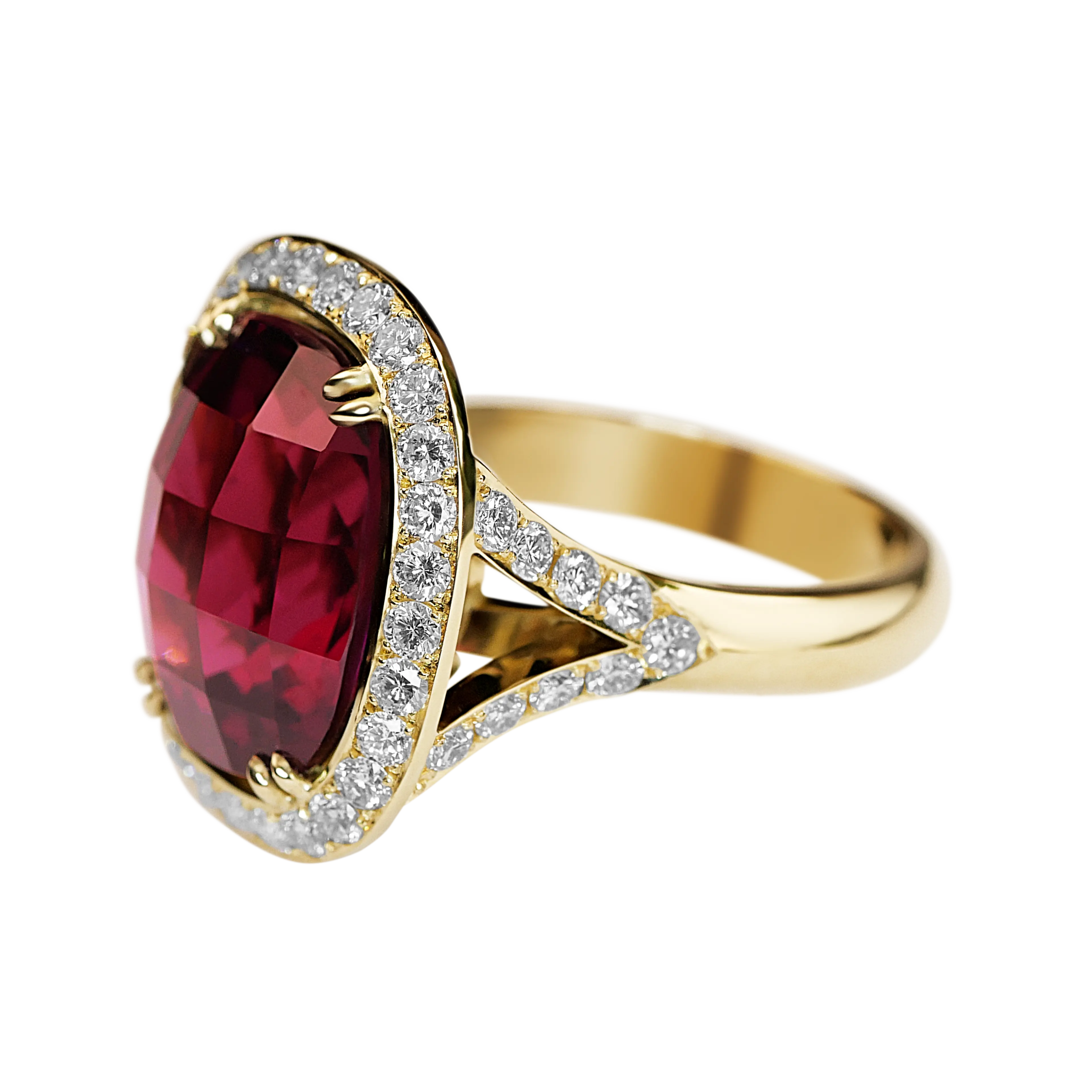 A side view of the pink tourmaline checkerboard cut ring