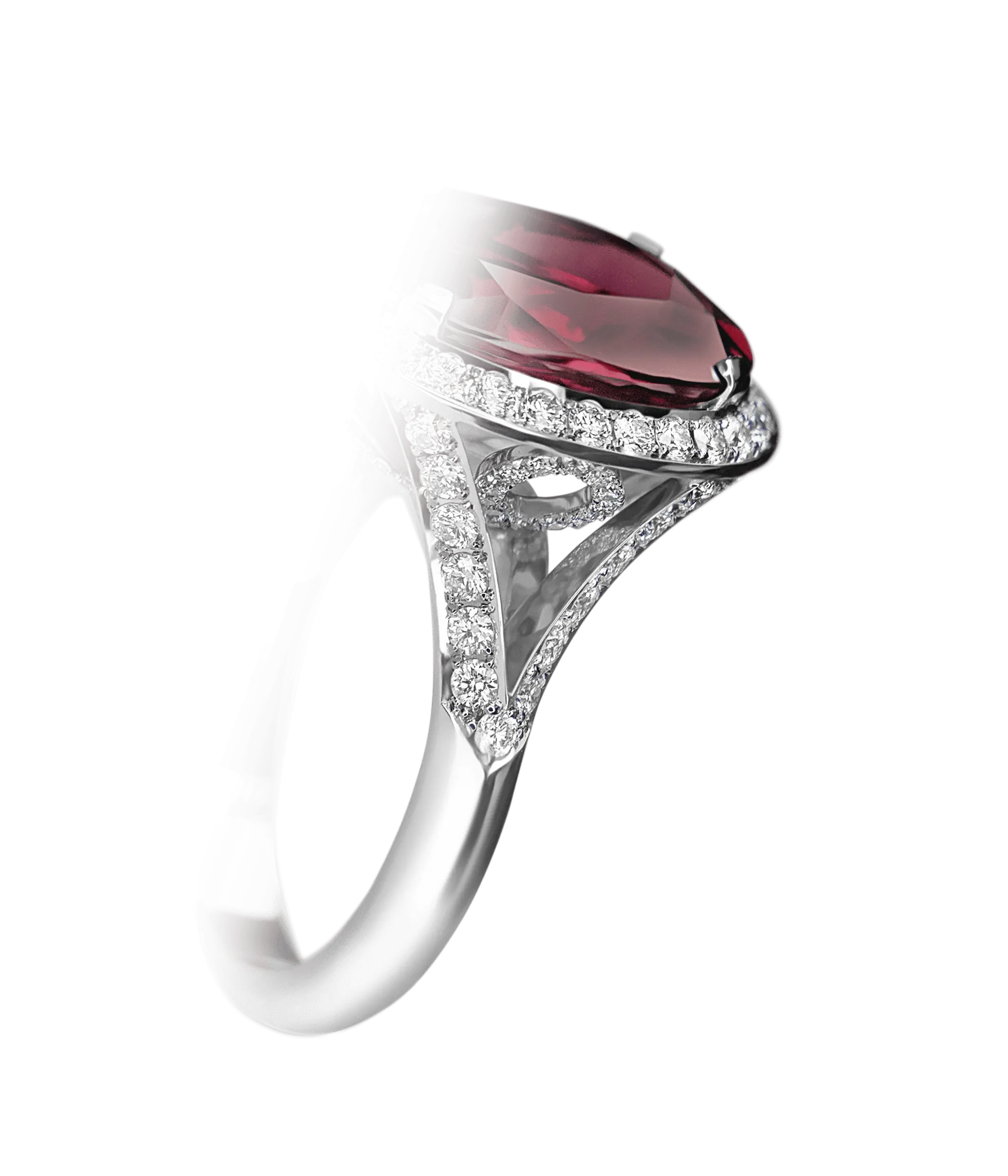 A side on image of the white gold,  pink tourmaline and diamond ring. 