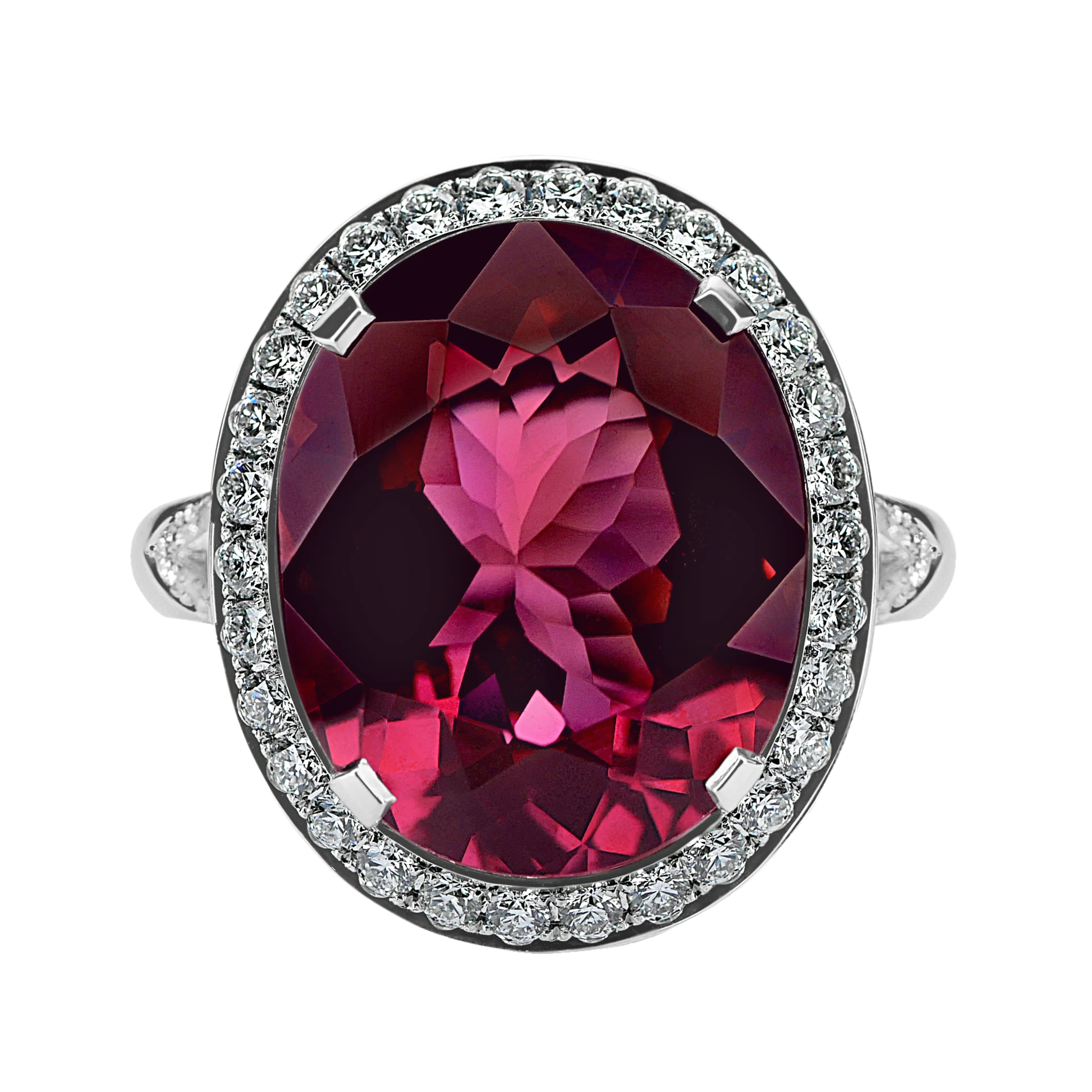 A top view of the pink tourmaline and diamond ring