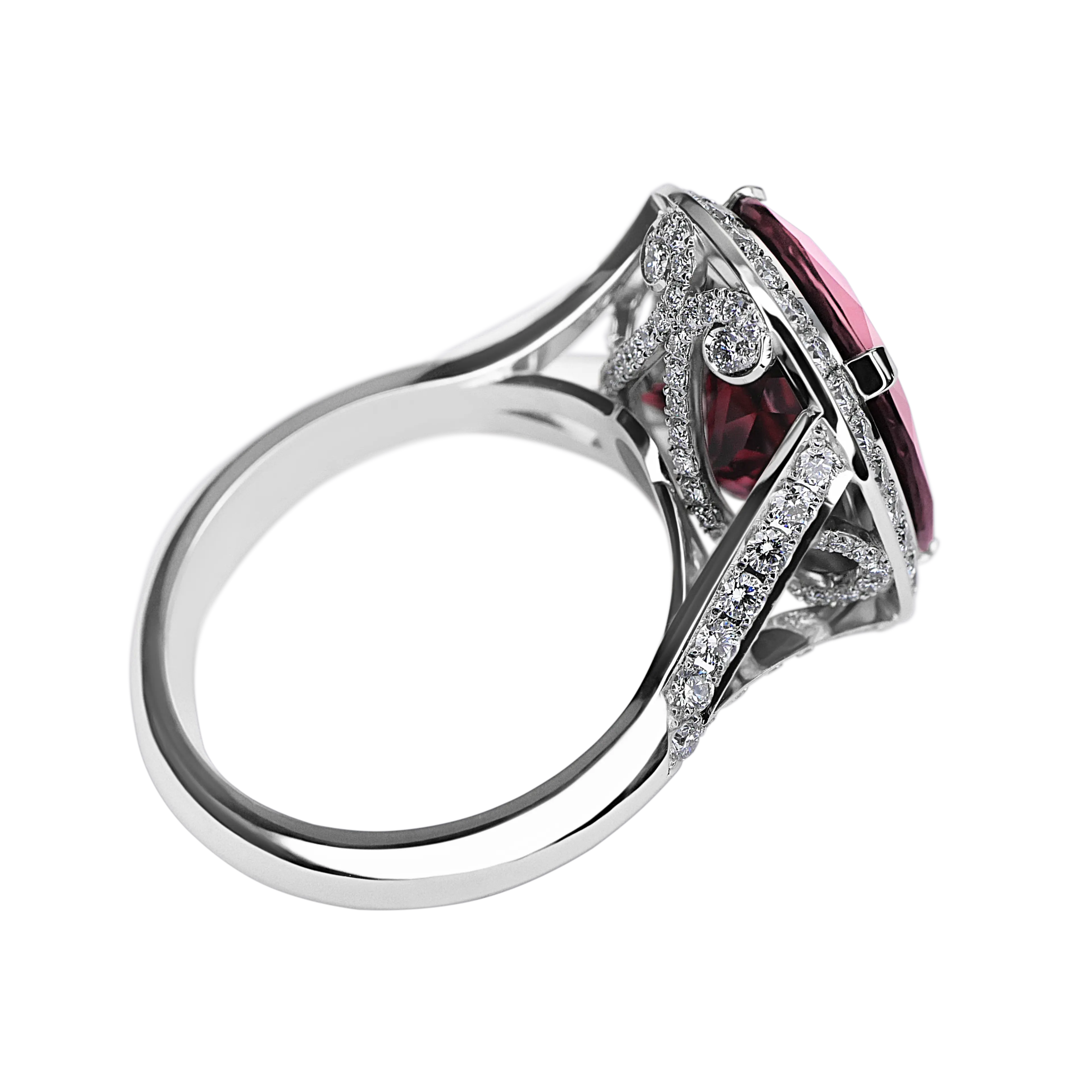 A top view image of the pink tourmaline and diamond ring