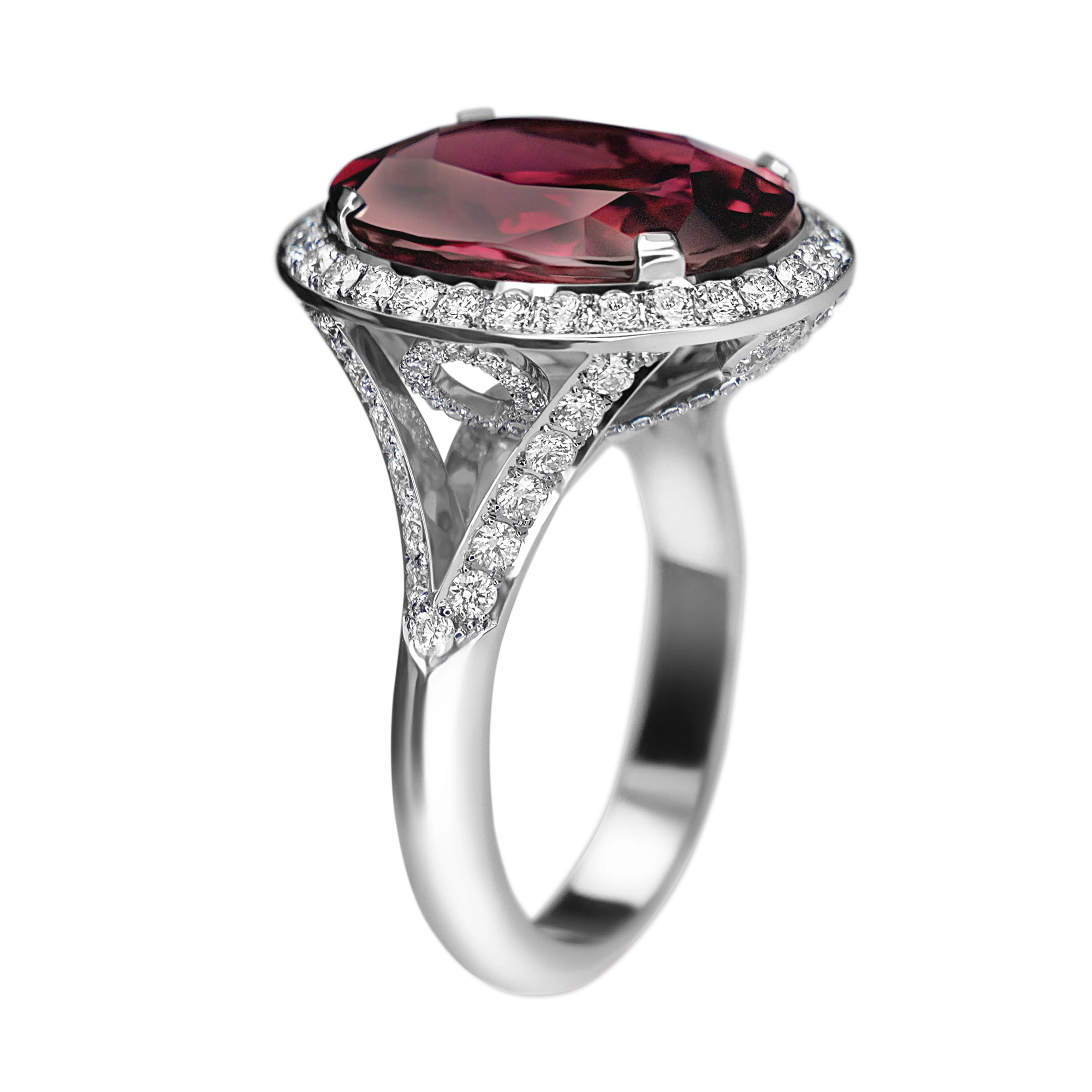 A side on image of the pink tourmaline and diamond ring
