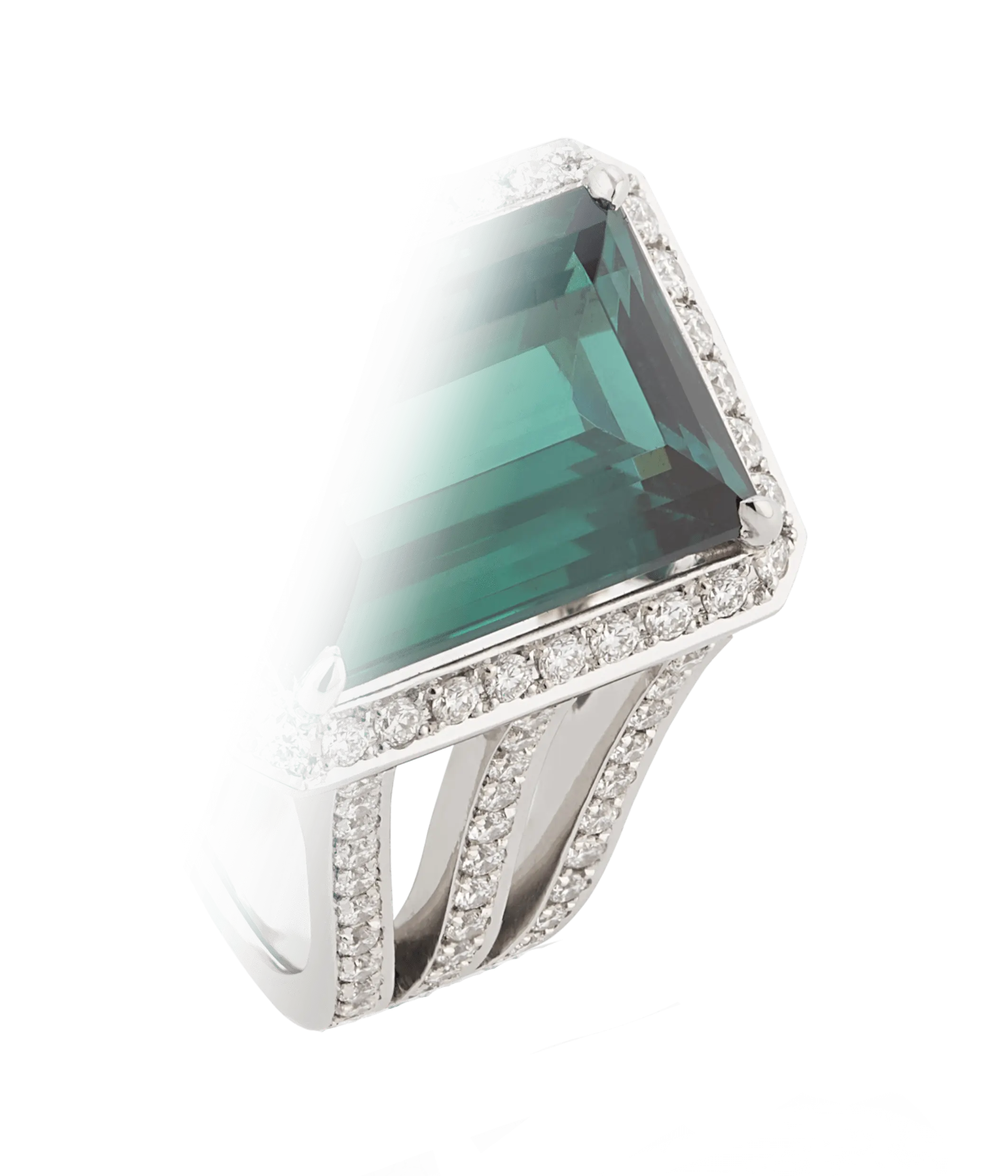 An angled view of the green tourmaline and diamond ring