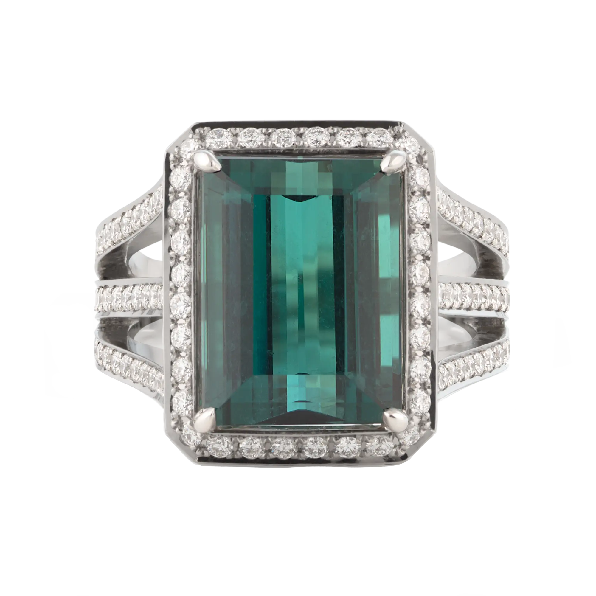 A top view of the green tourmaline and diamond ring