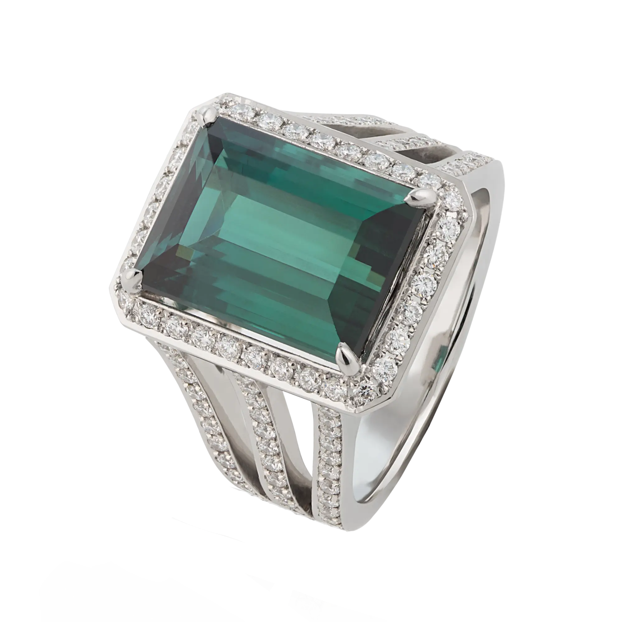 An angled view of the green tourmaline and diamond ring