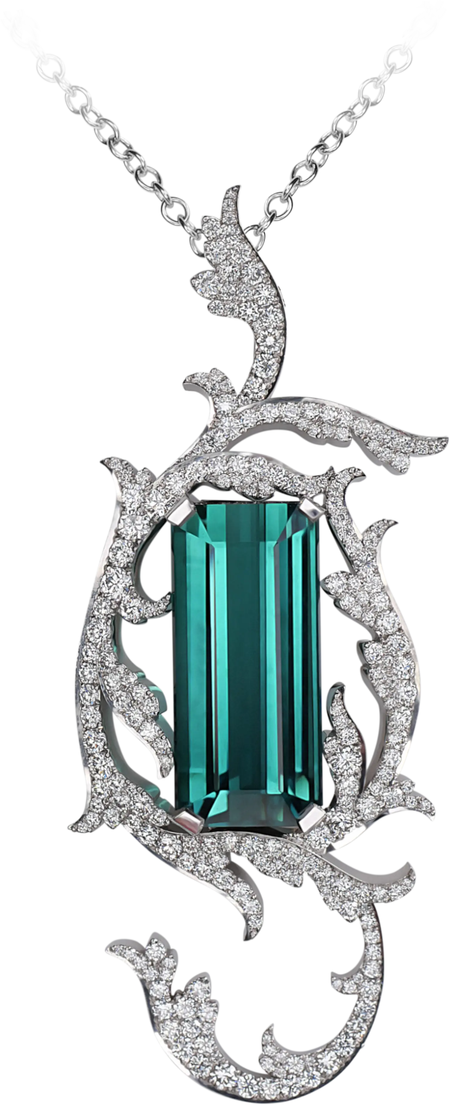 A front on view of the indicolite tourmaline pendant