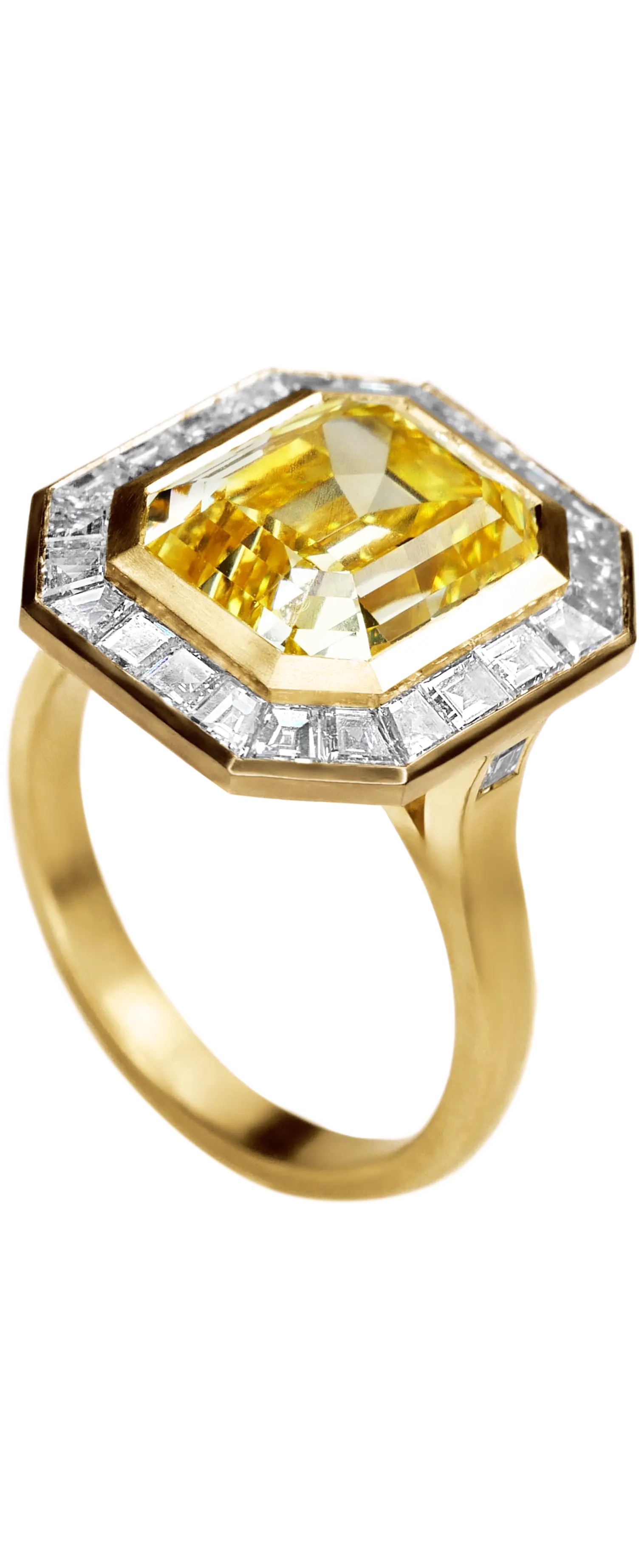 Gold ring with a large yellow diamond centre stone surrounded by smaller white diamonds.