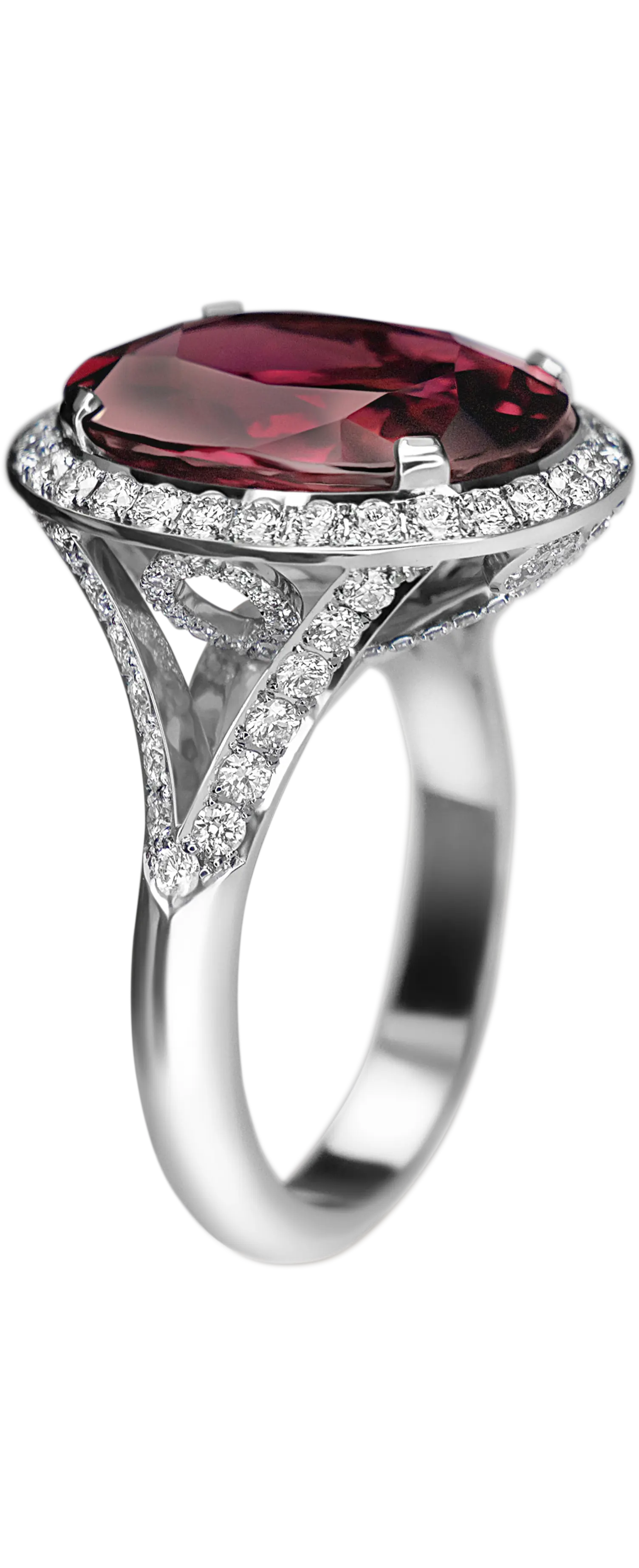 A side on image of the pink tourmaline and diamond ring