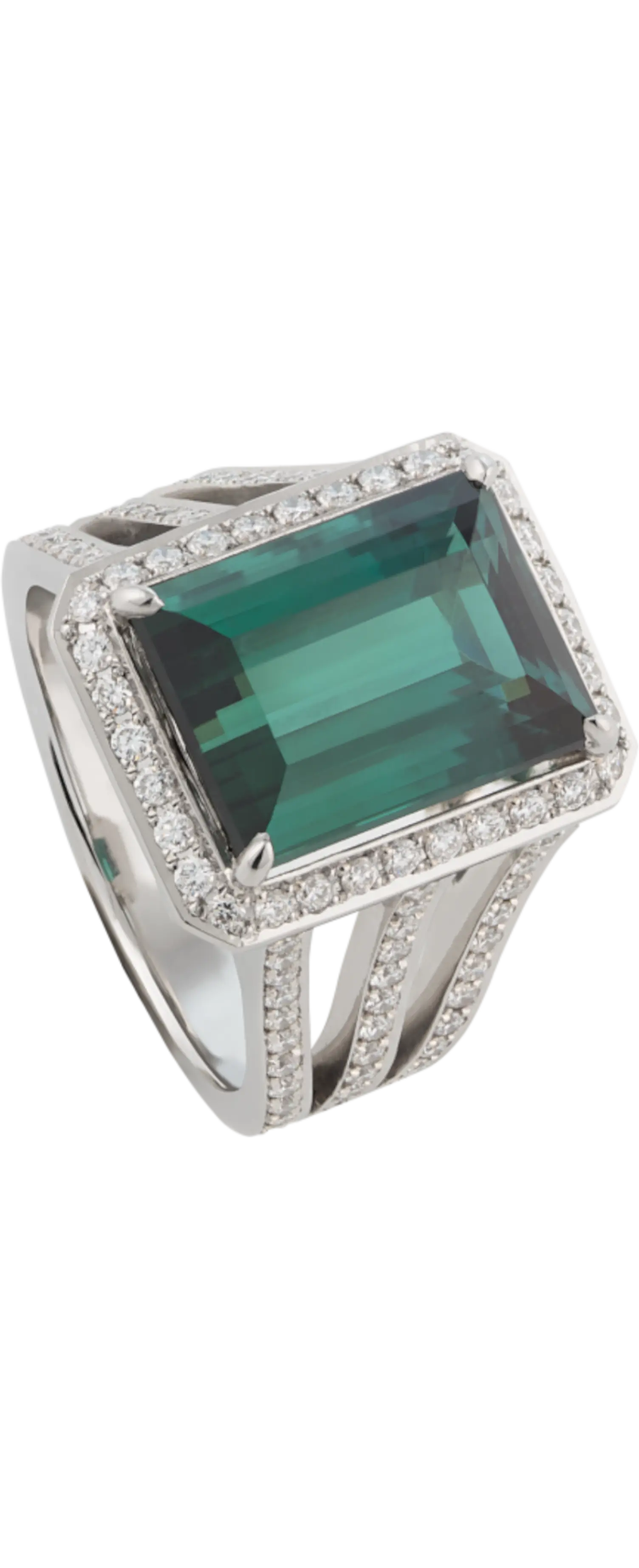 An angled view of the green tourmaline and diamond ring