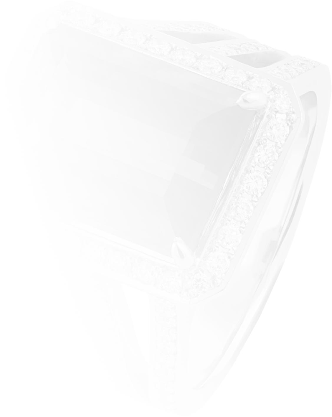 A background faded image of an angled view of the green tourmaline and diamond ring