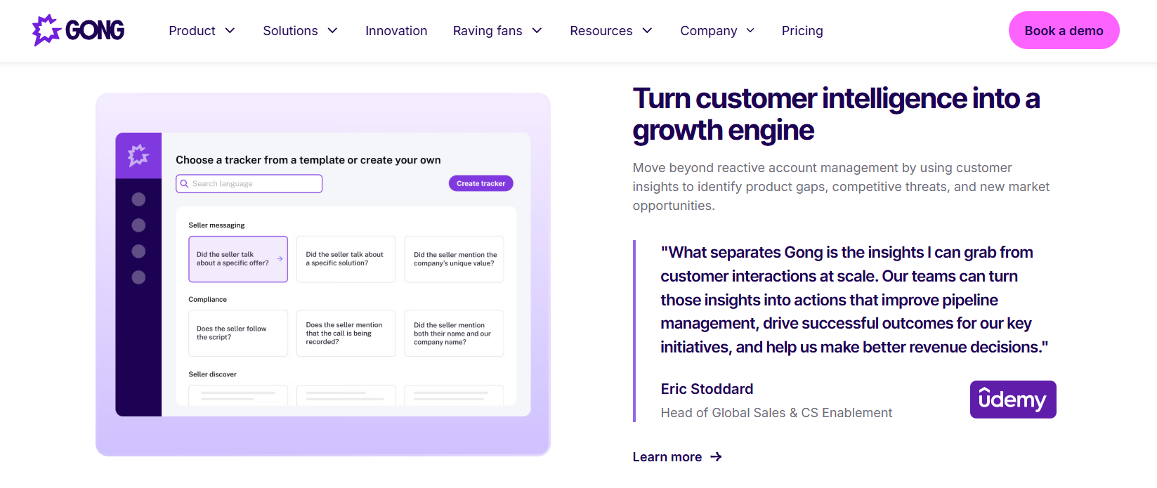 Gong tracker builder with templates for seller messaging, compliance, and discovery questions to monitor across recorded calls