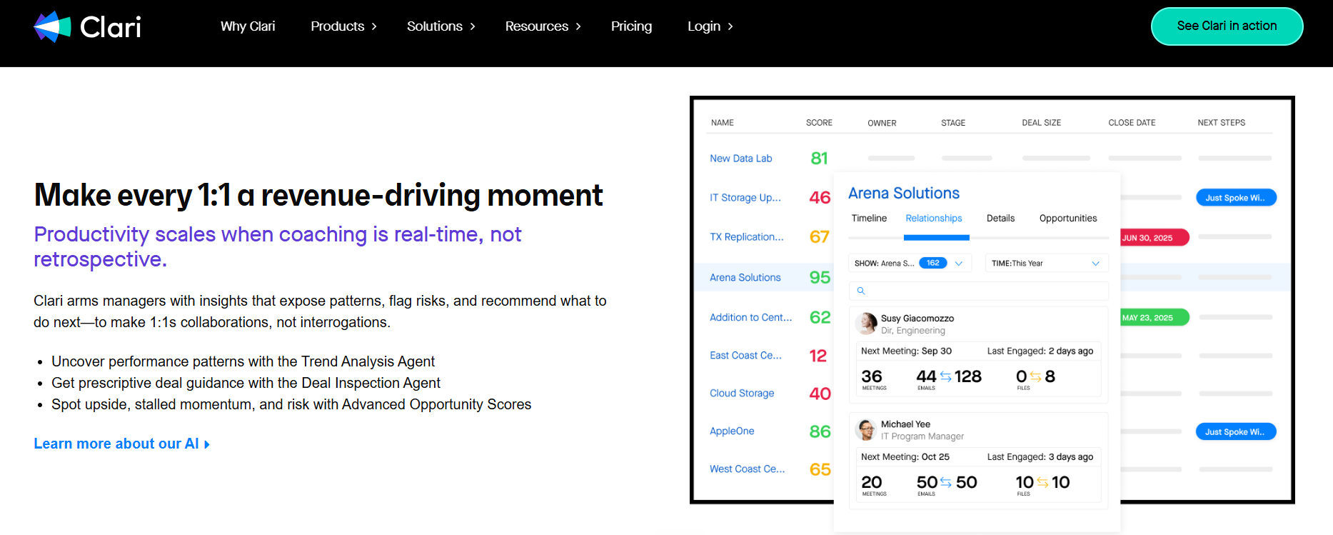 Clari deal grid with opportunity scores beside Arena Solutions relationship panel showing meetings, emails, and last engaged dates