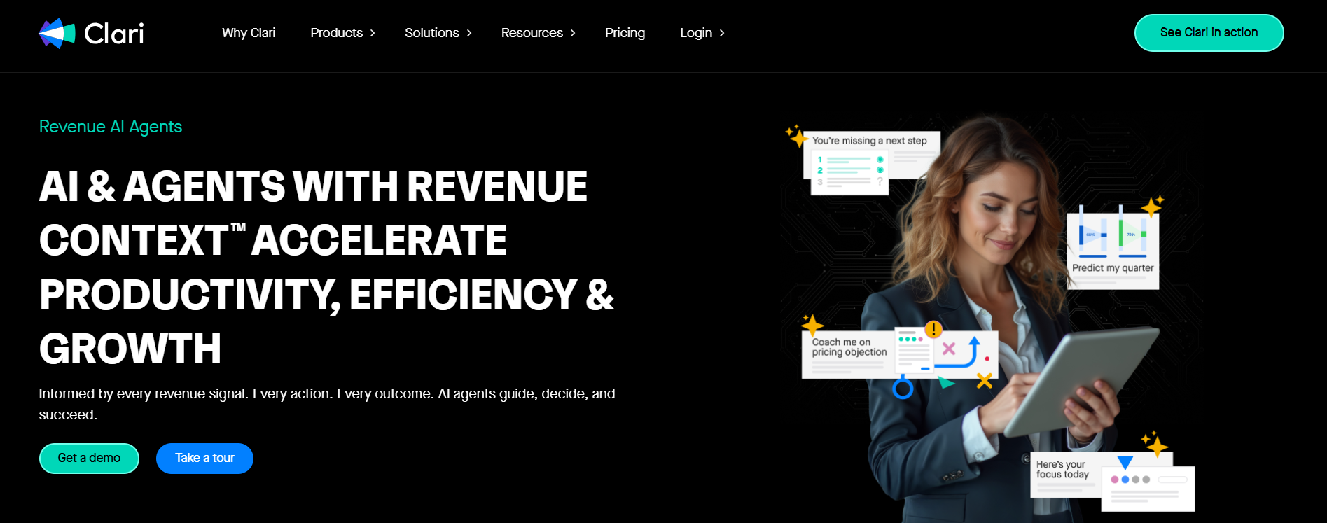 Clari Revenue AI Agents page with seller reviewing a tablet beside prompts to predict the quarter and surface today's focus