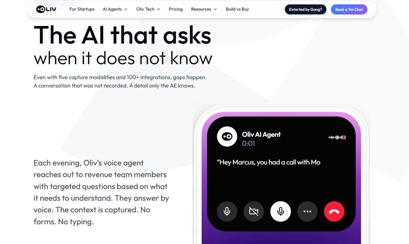 Oliv voice agent call screen asking a rep about an unrecorded conversation, with mic and mute controls visible