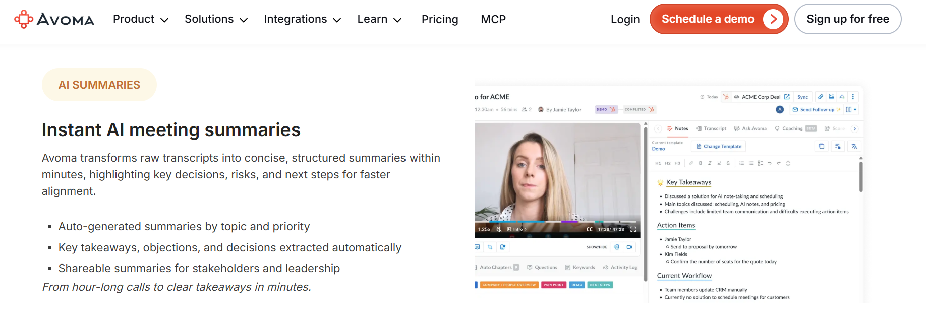 Avoma AI summary view showing key takeaways, action items, and workflow notes beside a recorded demo call