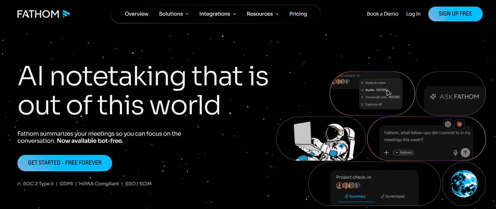 Fathom homepage with bot-free capture options, Ask Fathom search, and a project check-in summary card