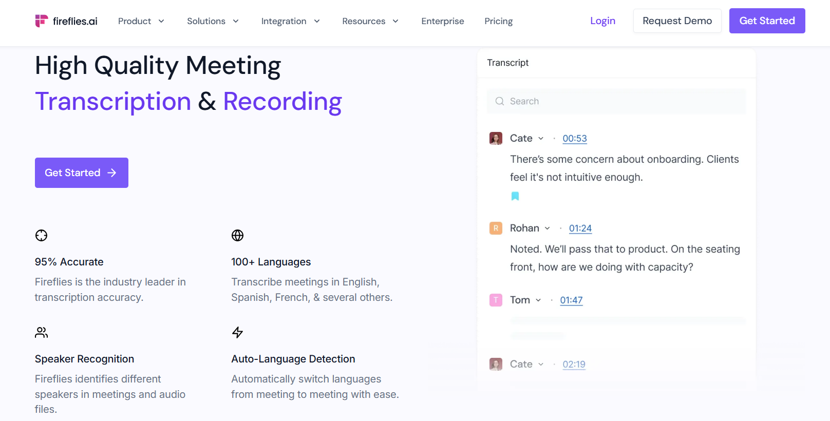  Fireflies.ai transcript panel with timestamped speaker turns beside accuracy, language, and speaker recognition feature callouts