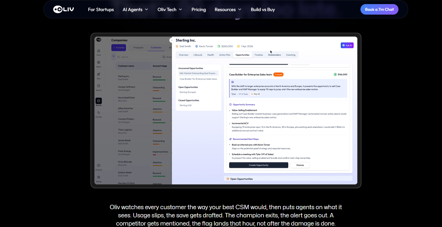 Oliv customer record with Opportunities tab showing uncovered crossell, opportunity summary, and recommended next steps