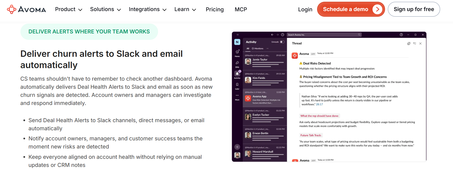 Avoma deal risk alert in Slack detailing pricing misalignment, buyer quote, rep coaching note, and future talk track