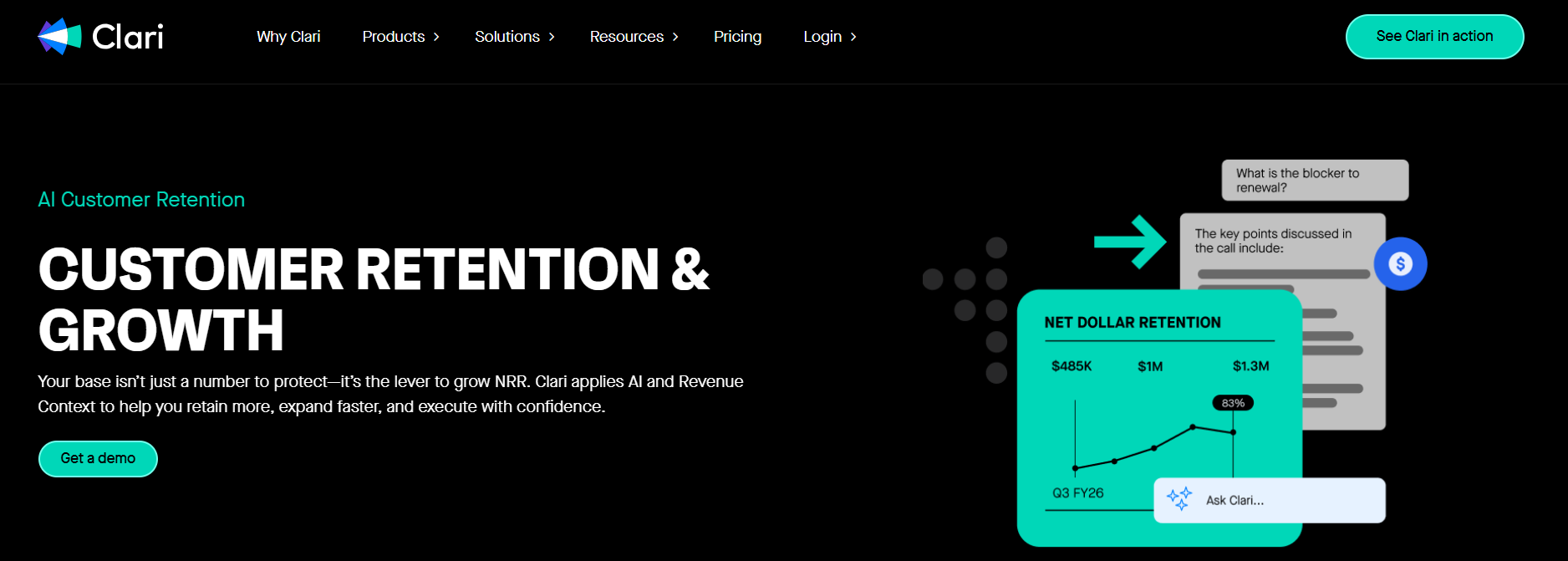Clari AI customer retention visual with net dollar retention chart, renewal blocker question, and Ask Clari prompt