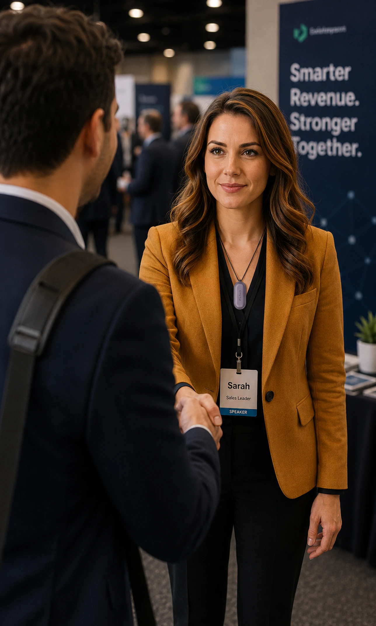 An Oliv seller meeting Maya Rao at an industry conference