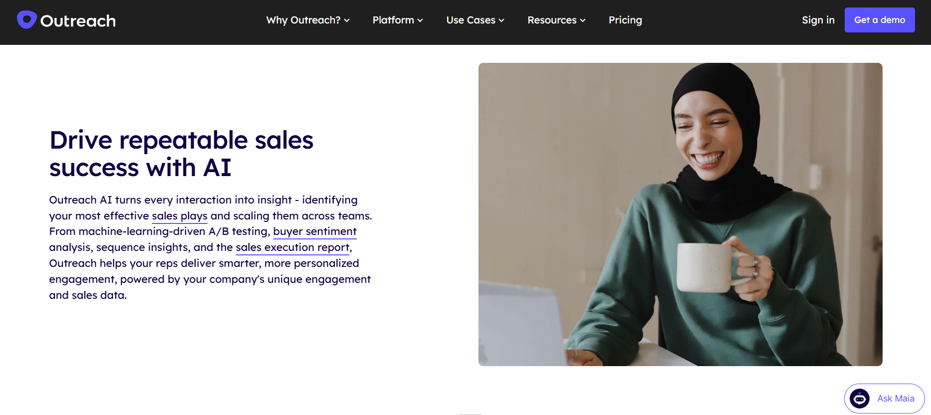  Outreach AI page describing sales plays, buyer sentiment analysis, and sequence insights for rep engagement