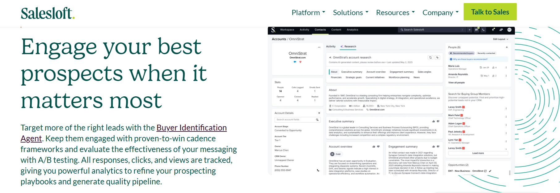 Salesloft account workspace with buyer identification agent, cadence analytics, and recommended contacts panel