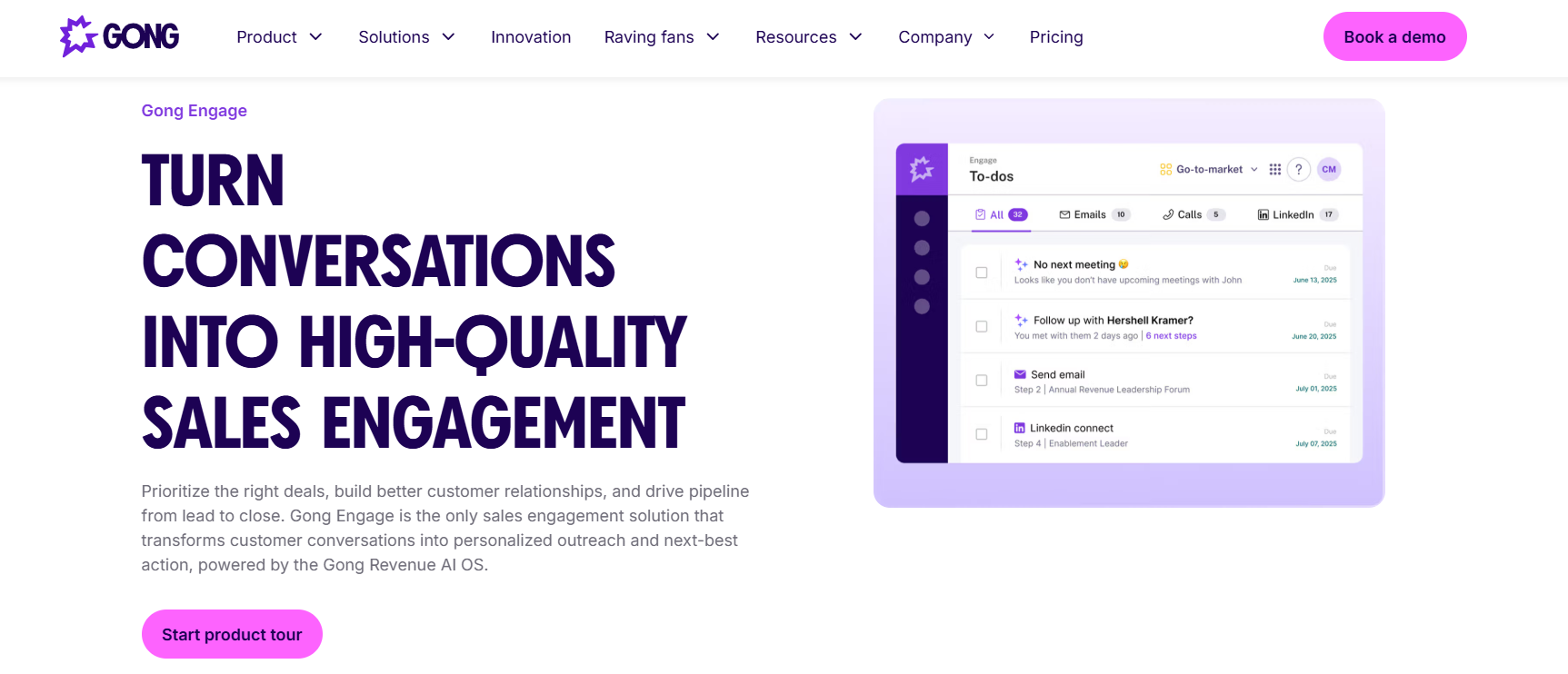 Gong Engage to-do list showing email, call, and LinkedIn sequence steps with AI next-best-action prompts