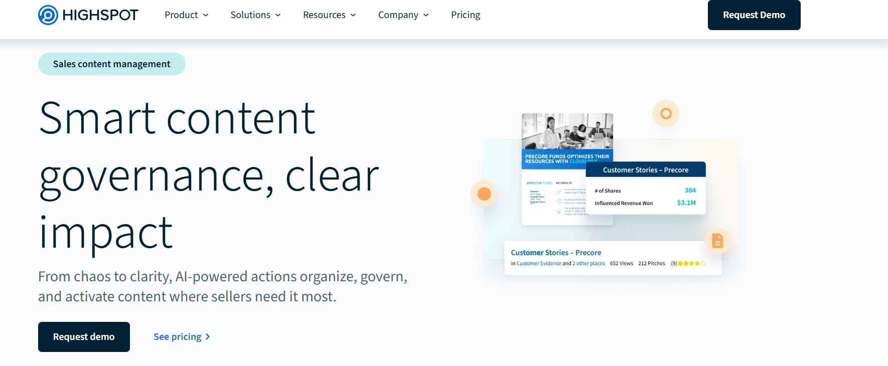 Highspot sales content management with AI governance, share counts, and influenced revenue won of $3.1M