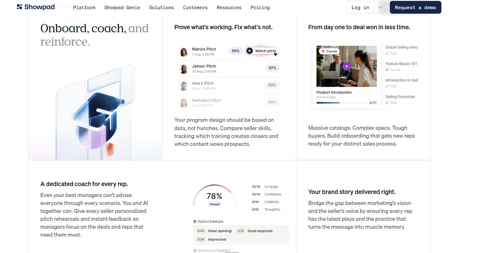 Showpad sales enablement software showing rep pitch scores, AI coaching feedback, and onboarding course paths