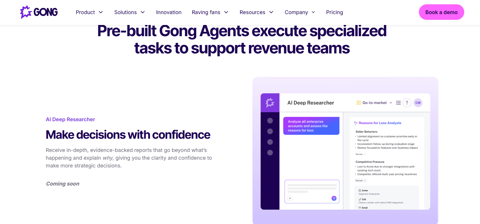Gong pre-built AI agents interface with an AI Deep Researcher panel analysing enterprise accounts and reasons for loss