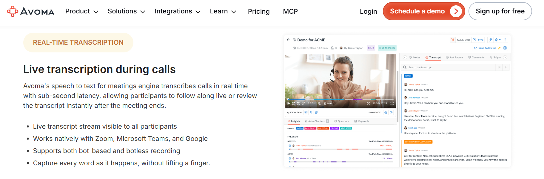 Avoma real-time transcription during a sales call, with speaker talk-time, insights tabs, and bot-free recording listed